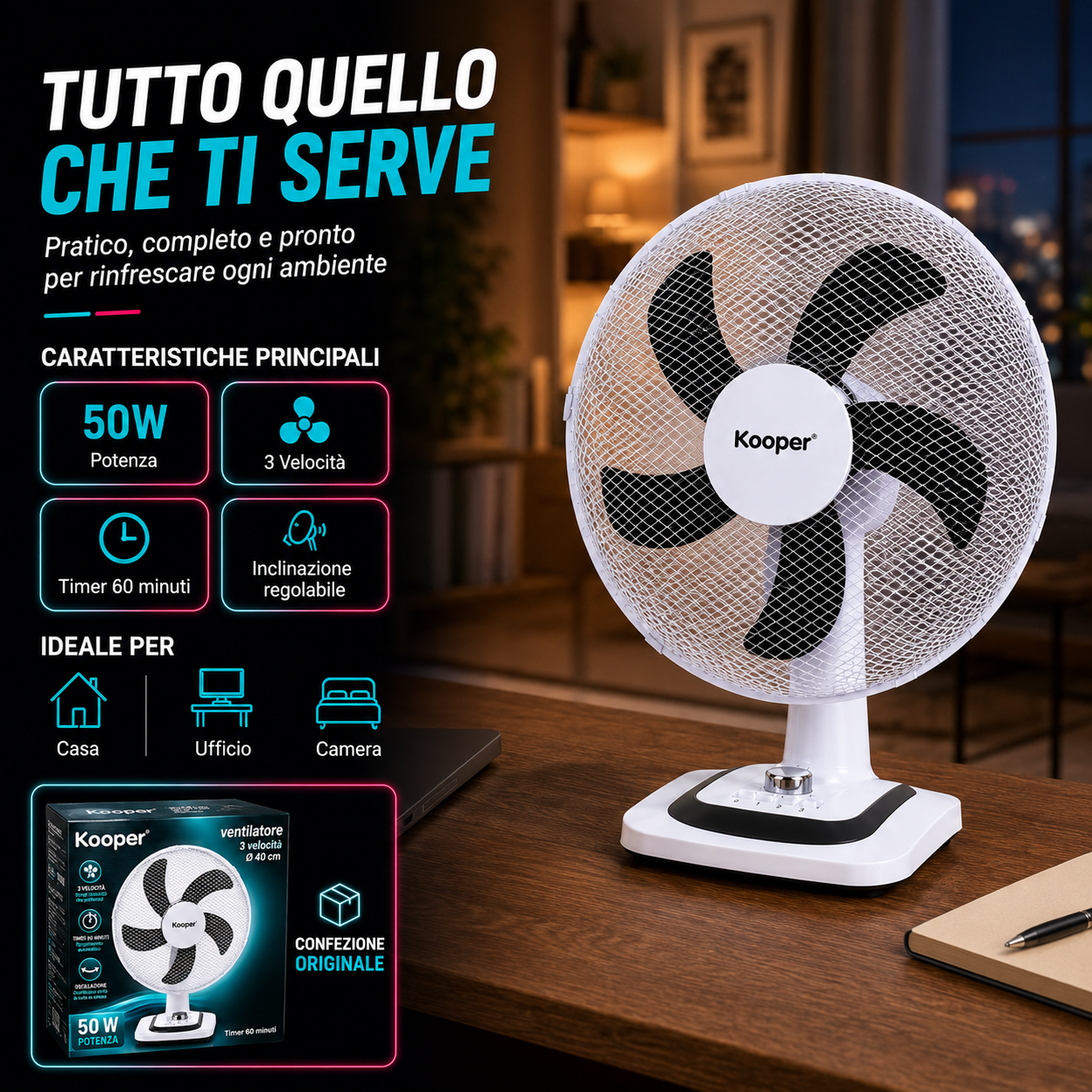 Ventilatore Kooper da Tavolo Ø 40 cm 50W con 3 Velocità e Timer 60 Minuti 4