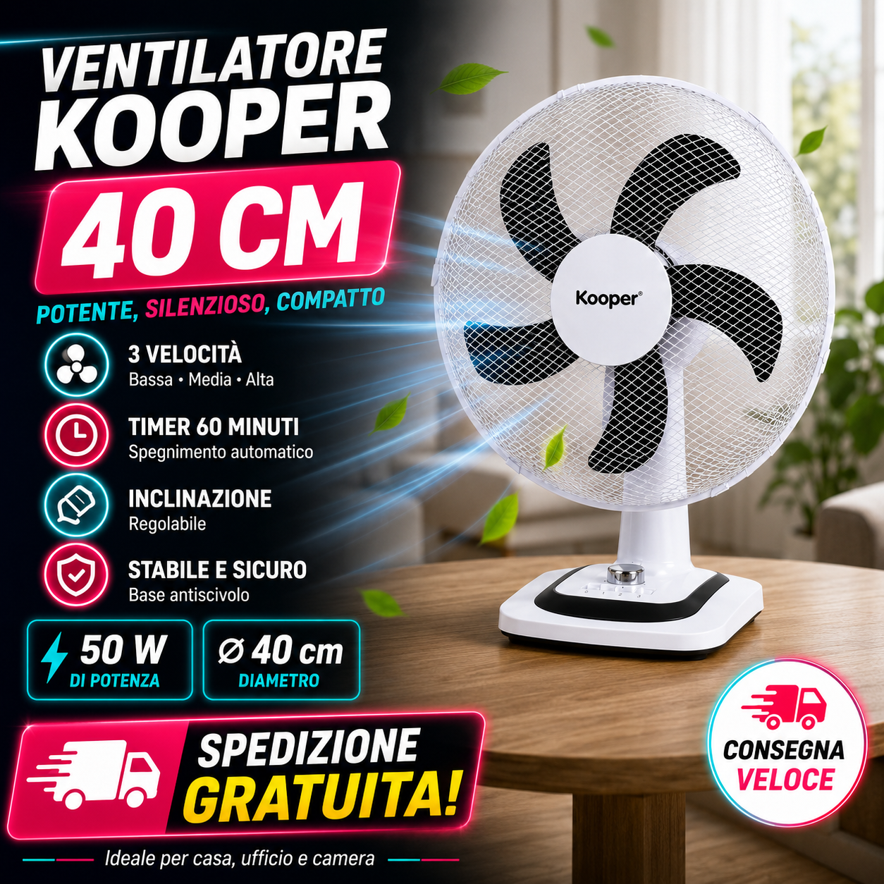 Ventilatore Kooper da Tavolo Ø 40 cm 50W con 3 Velocità e Timer 60 Minuti 1