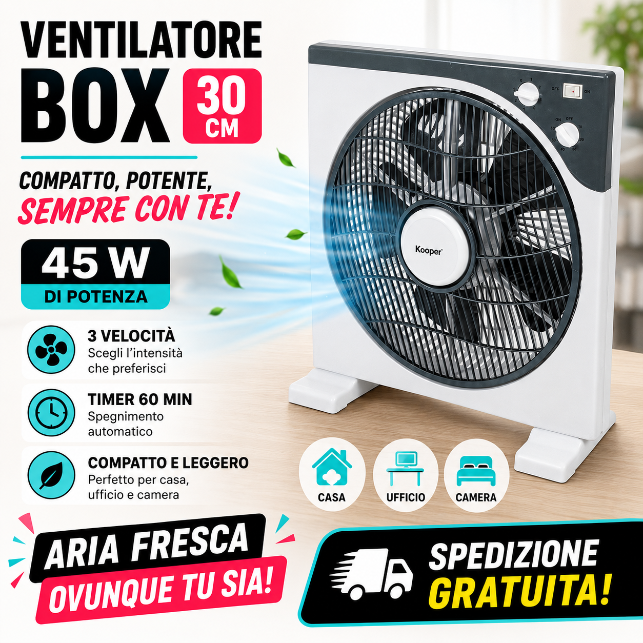 Ventilatore Box da Tavolo ArticFresh 30 cm 45W con Timer 60 Minuti, 3 Velocità, Compatto per Casa e Ufficio 1