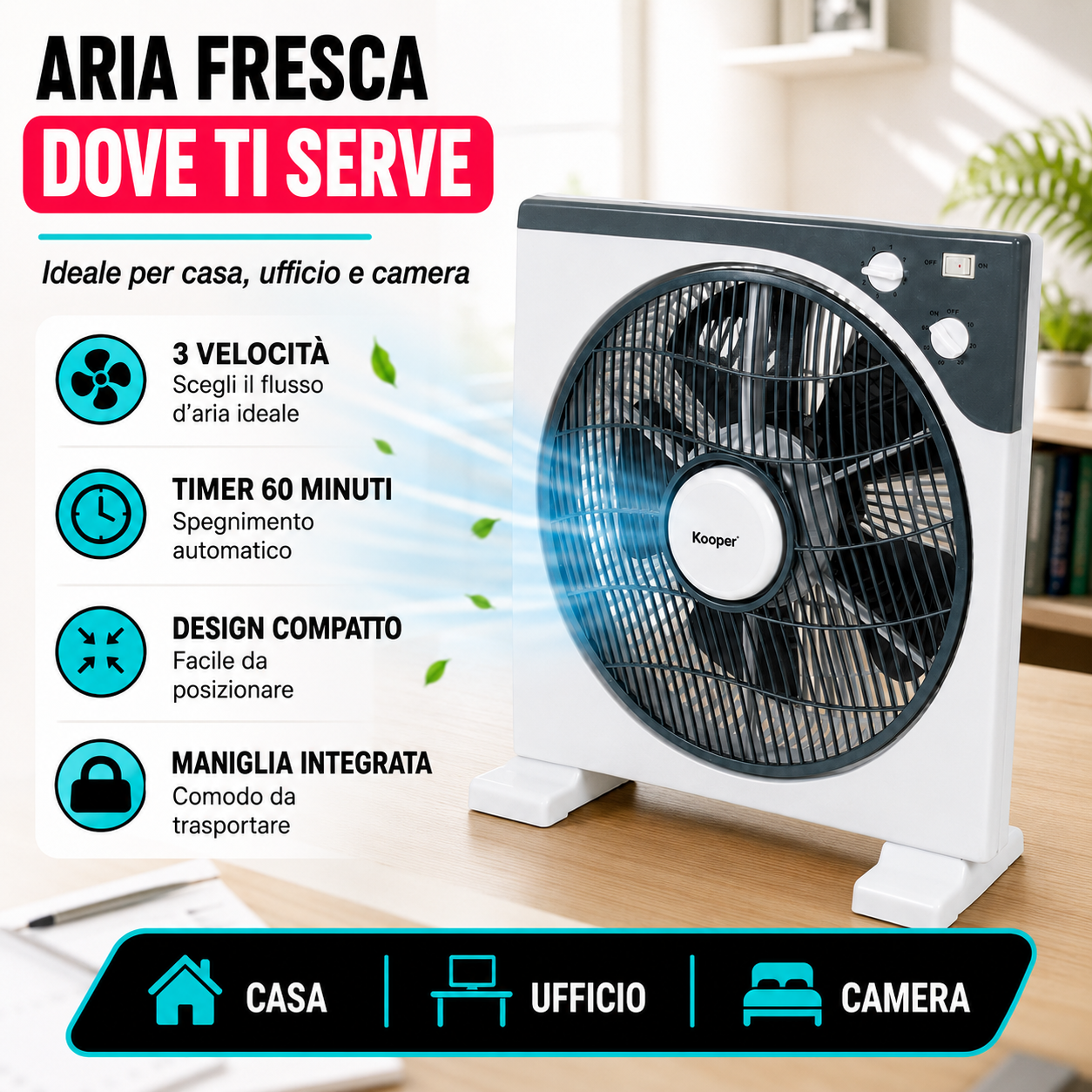 Ventilatore Box da Tavolo ArticFresh 30 cm 45W con Timer 60 Minuti, 3 Velocità, Compatto per Casa e Ufficio 2