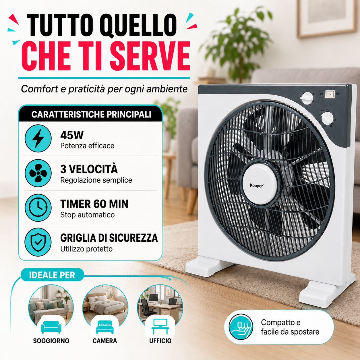 Ventilatore Box da Tavolo ArticFresh 30 cm 45W con Timer 60 Minuti, 3 Velocità, Compatto per Casa e Ufficio 4