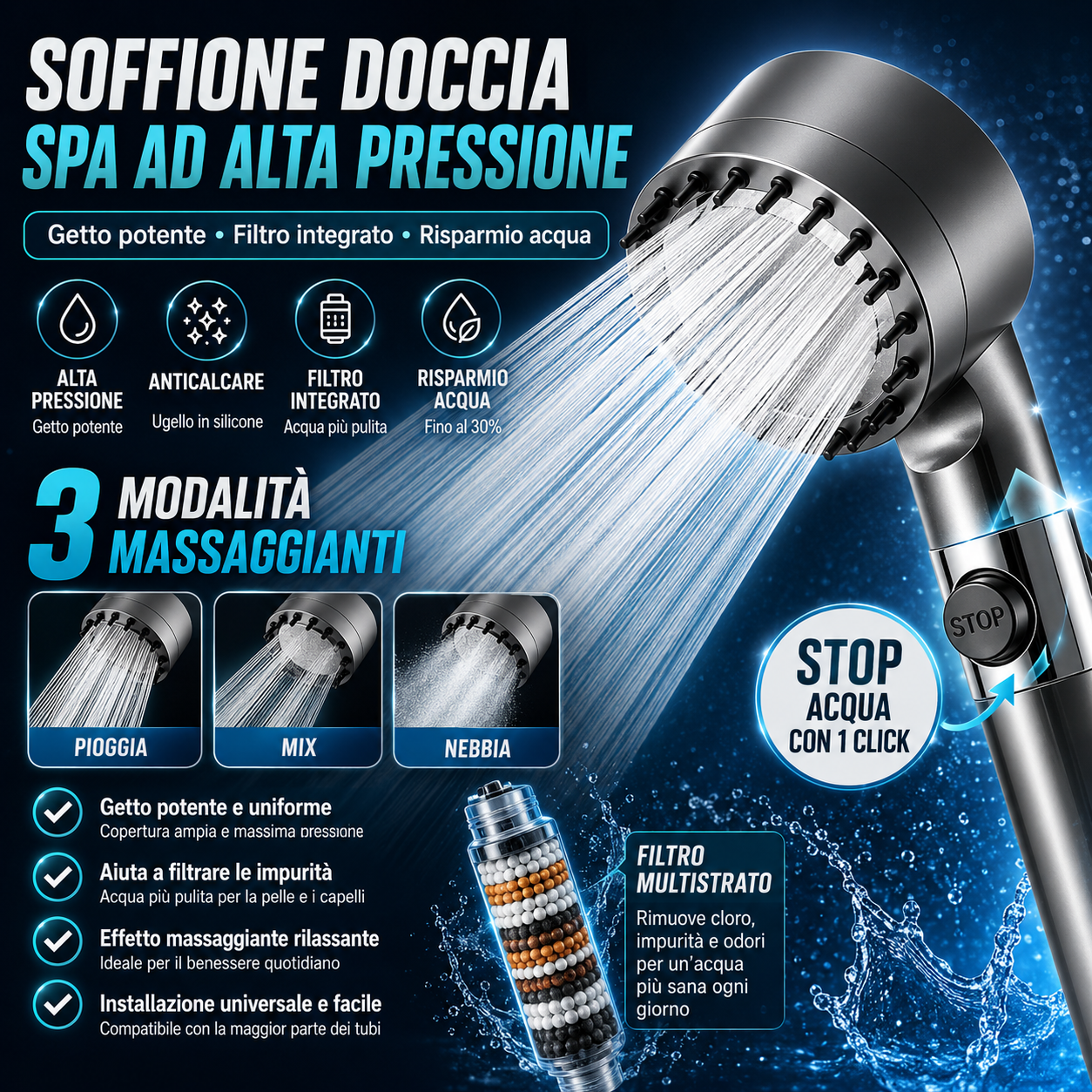 Soffione Doccia Alta Pressione Universale con Filtro, Anticalcare, Risparmio Acqua e Getto Massaggiante 2