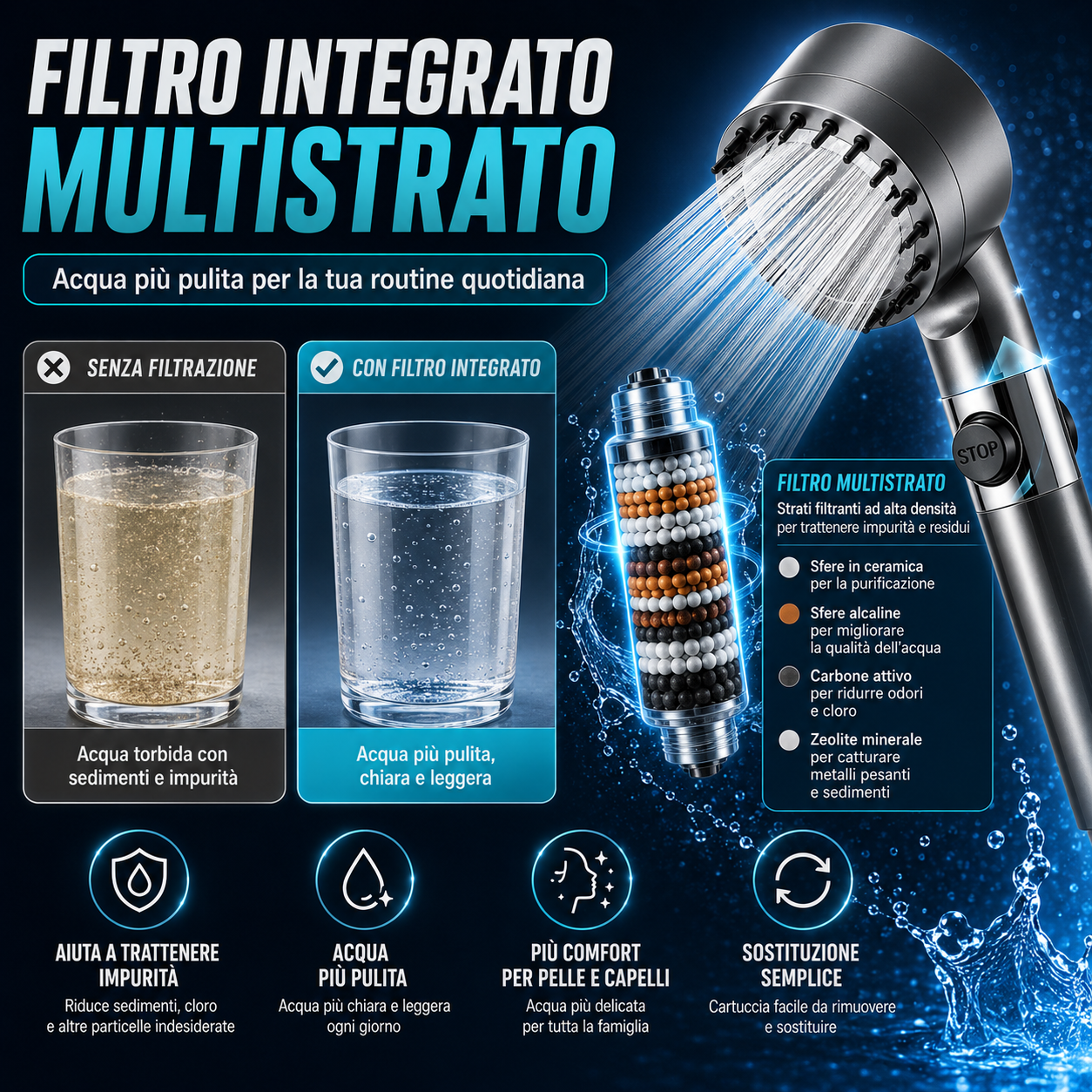 Soffione Doccia Alta Pressione Universale con Filtro, Anticalcare, Risparmio Acqua e Getto Massaggiante 4