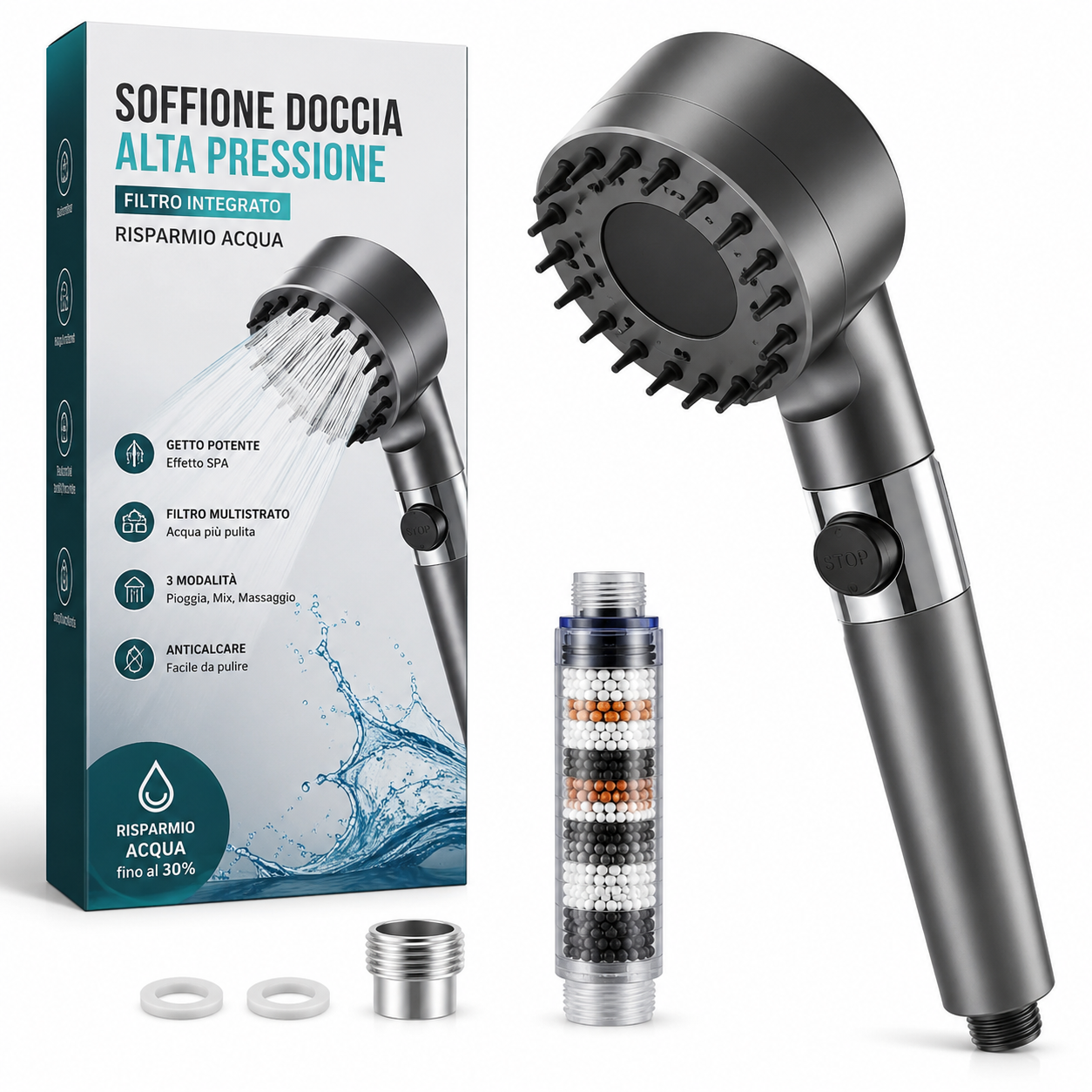 Soffione Doccia Alta Pressione Universale con Filtro, Anticalcare, Risparmio Acqua e Getto Massaggiante 6