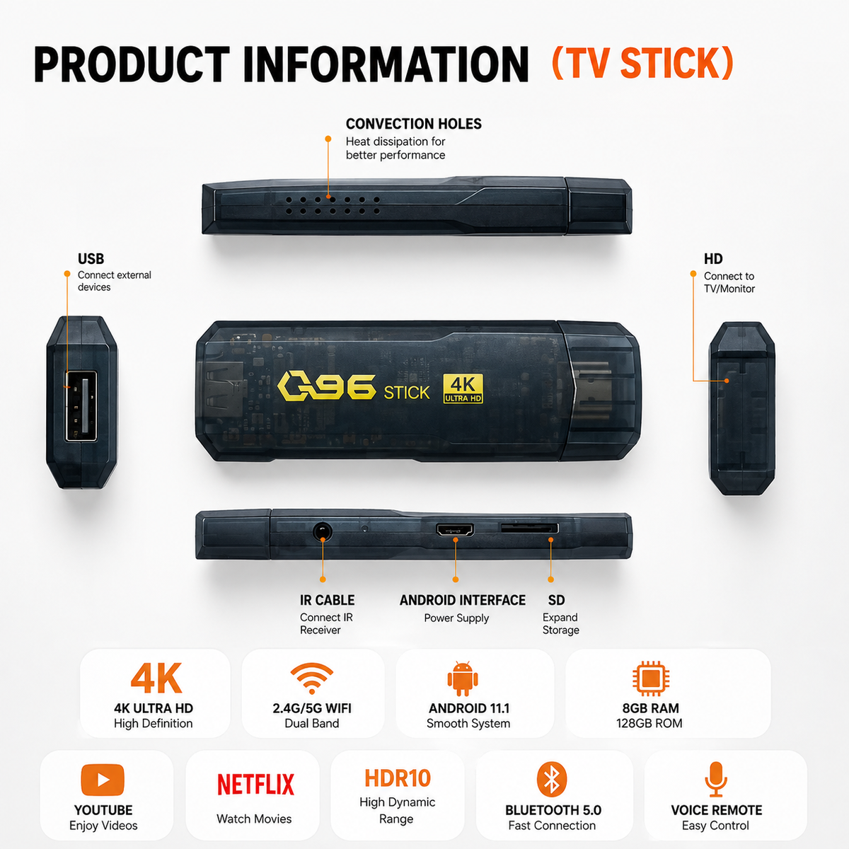 Smart TV Chiavetta Stick Android WiFi 5G HDMI Streaming Netflix YouTube 4K 3