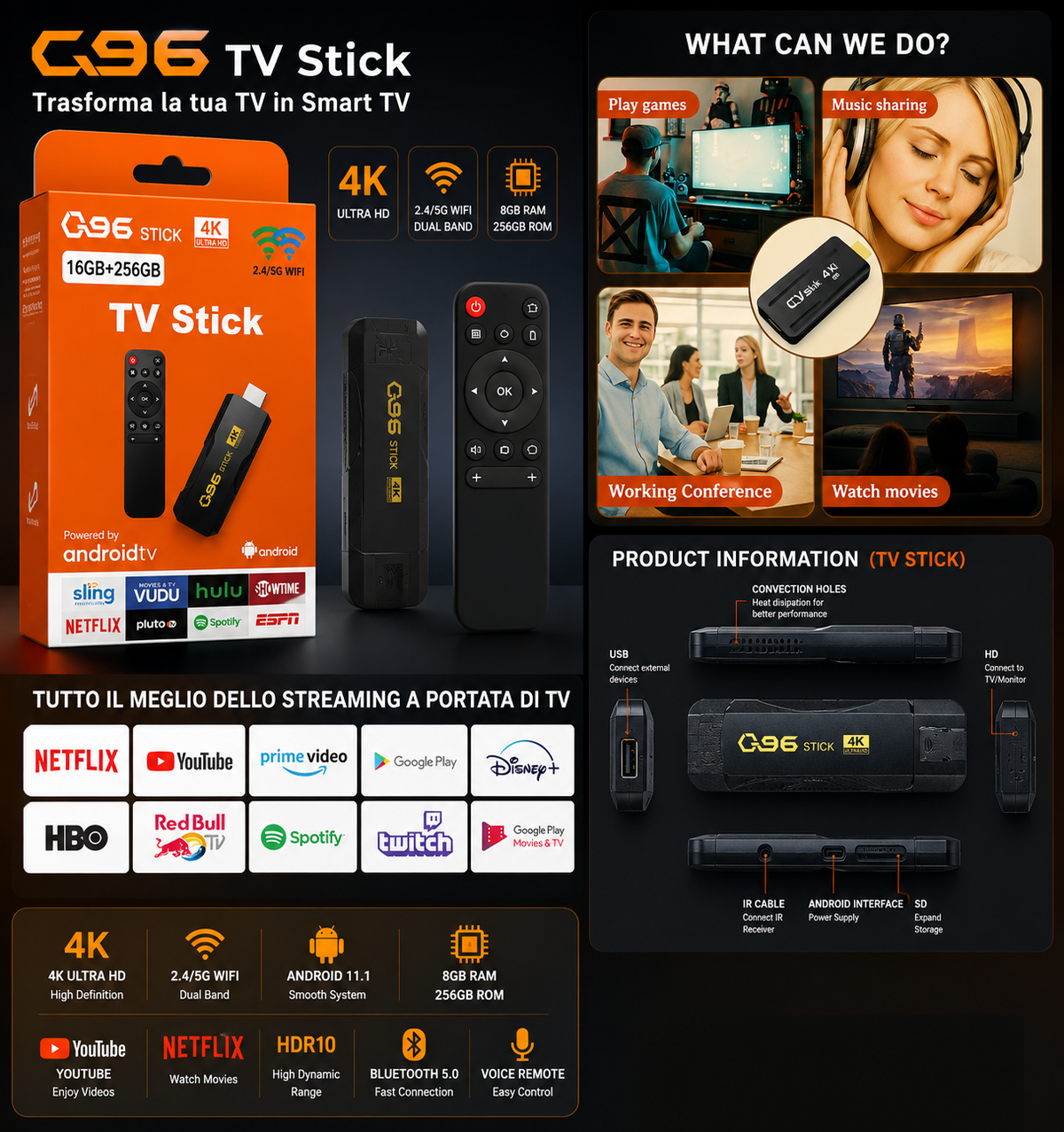 Smart TV Chiavetta Stick Android WiFi 5G HDMI Streaming Netflix YouTube 4K 4