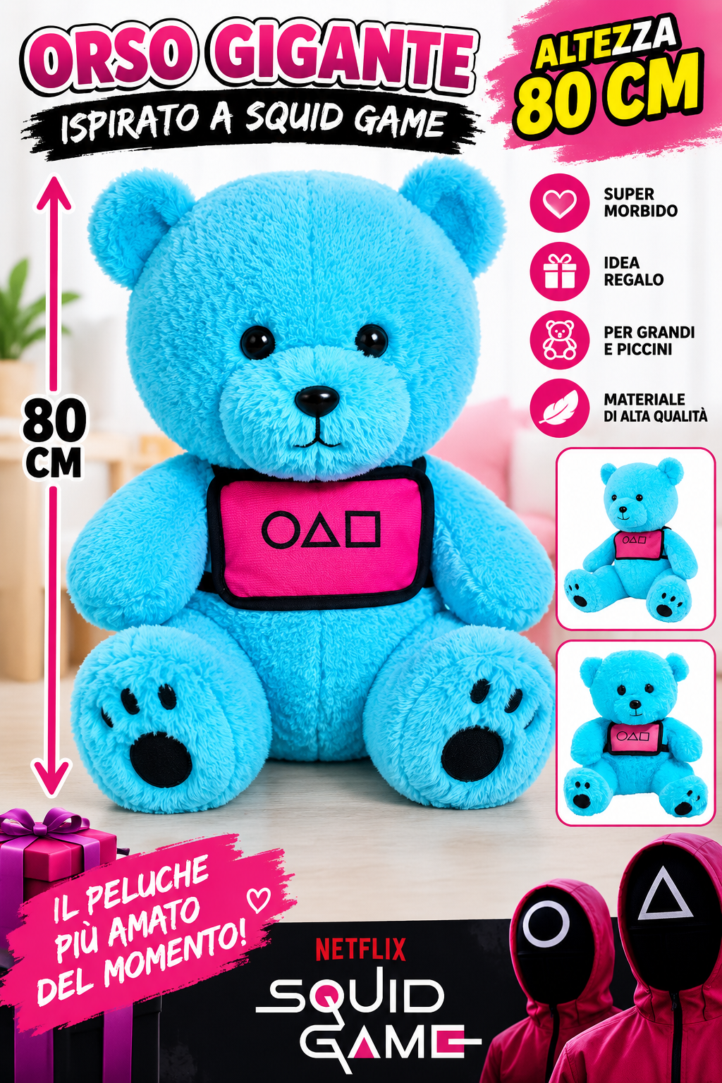 Orso di Peluche Gigante 80 cm, Morbido e Coccoloso, Peluche Azzurro con Divisa Rosa e Simboli Geometrici, Idea Regalo per Bambini e Adulti