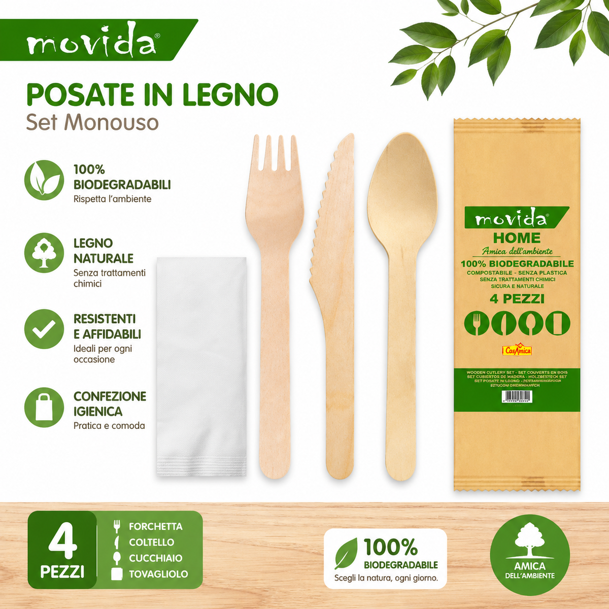 100 Tris Posate in Legno di Betulla con Tovagliolo 16 cm