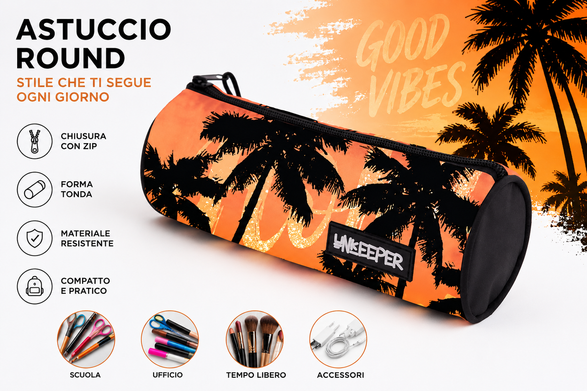 Astuccio Round Tropical Palm – Portapenne Cilindrico con Chiusura Zip – Custodia Multiuso per Scuola, Ufficio e Tempo Libero – Design Tropicale Arancione e Nero 1