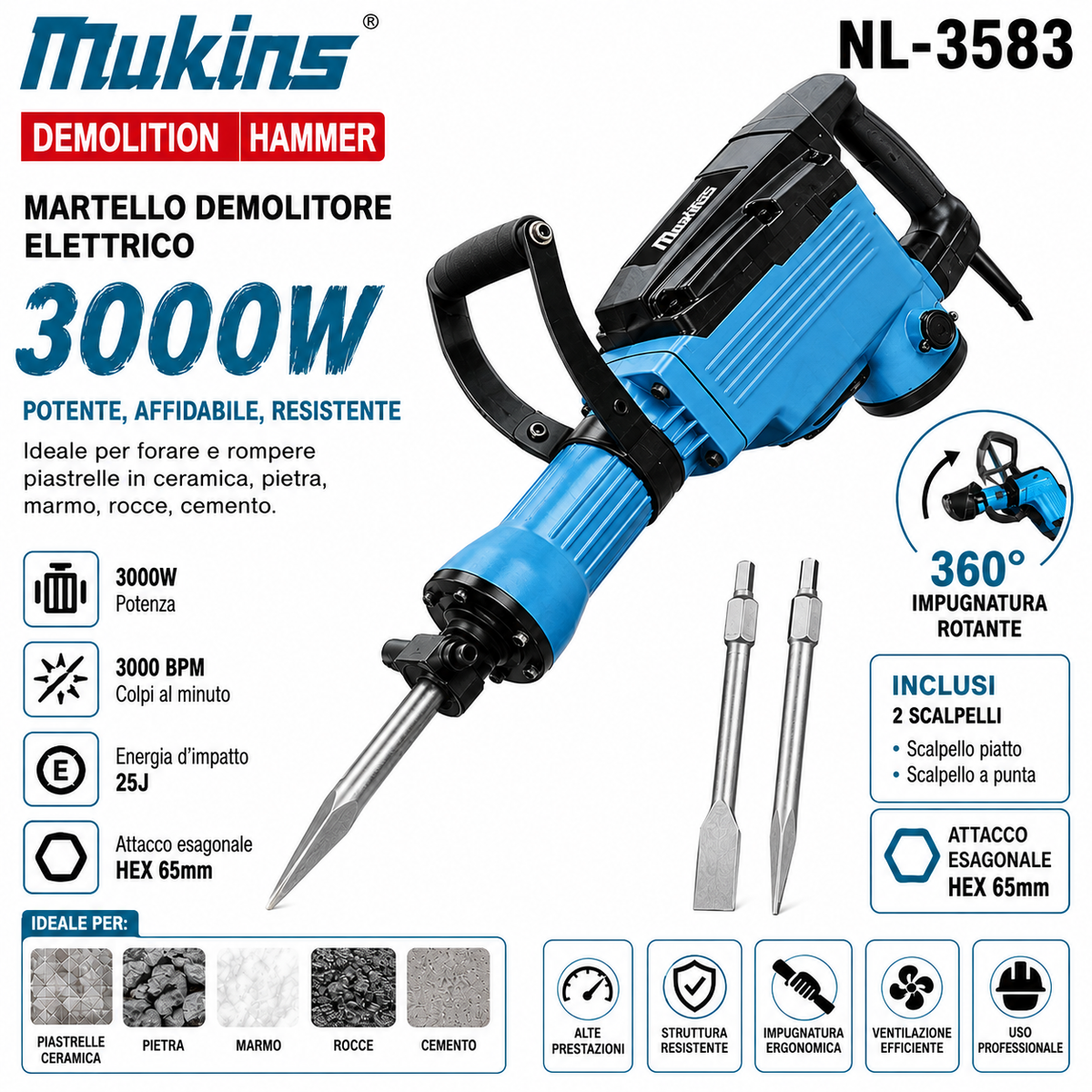 Martello Demolitore Elettrico 3000W 65mm per Forare e Rompere Piastrelle in Ceramica, Pietra, Marmo, Rocce, Cemento con Impugnatura Rotante a 360° 1