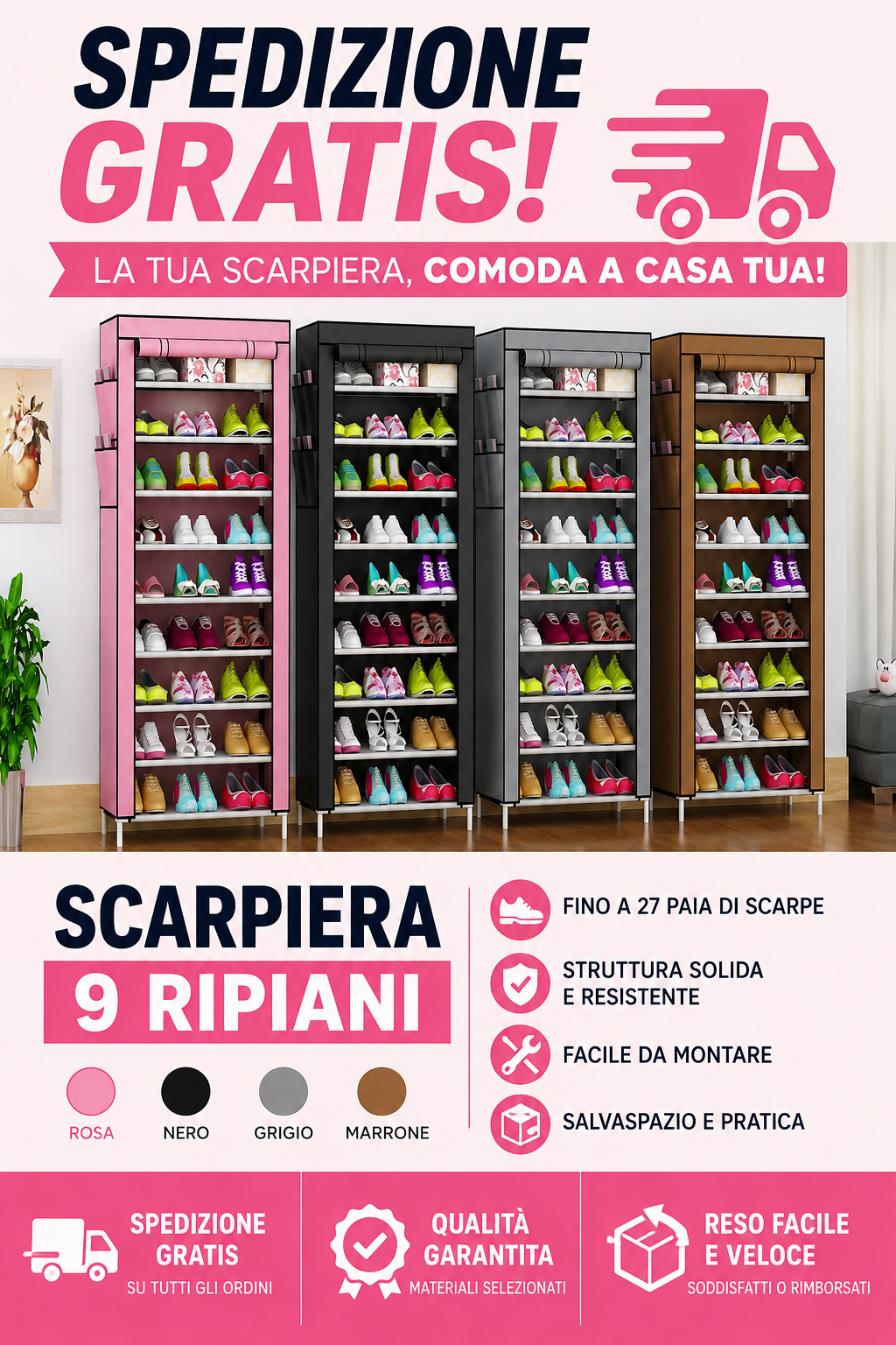 SCARPIERA COMPONIBILE 9 RIPIANI XXL – SALVASPAZIO CON COPERTURA ANTIPOLVERE | CAPACITÀ EXTRA E MONTAGGIO RAPIDO
