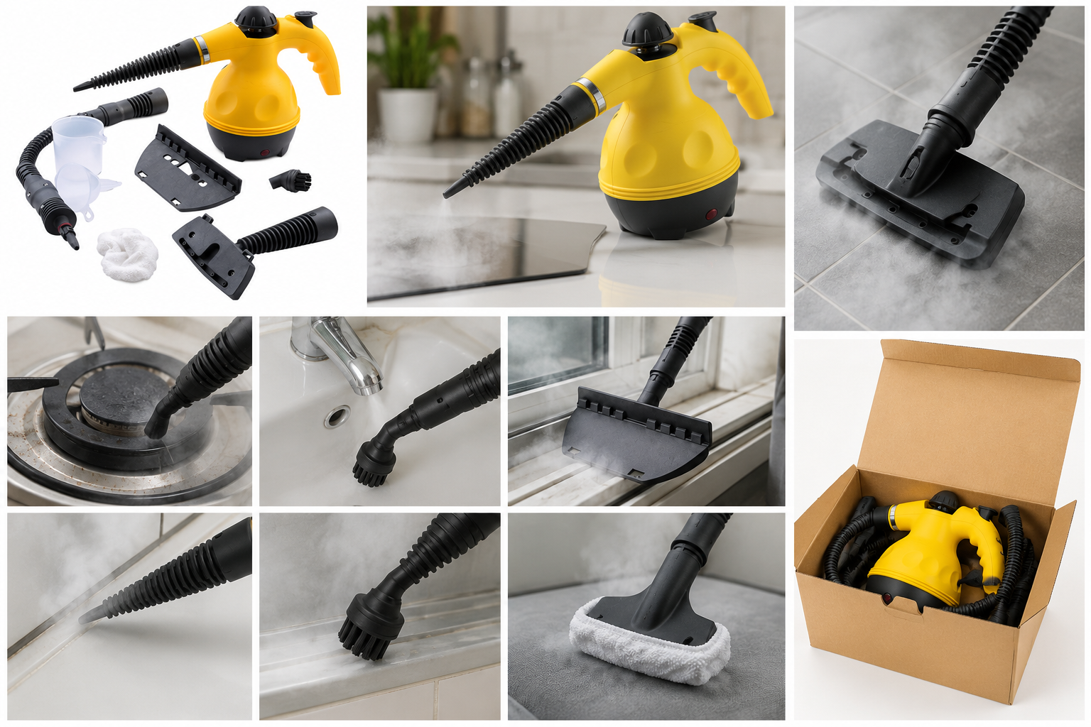 Pulitore a vapore portatile da 1000W giallo potente e compatto ideale per pulire a fondo superfici diverse facile da usare e trasportare 4