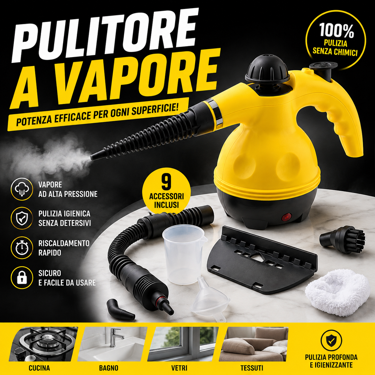 Pulitore a vapore portatile da 1000W giallo potente e compatto ideale per pulire a fondo superfici diverse facile da usare e trasportare