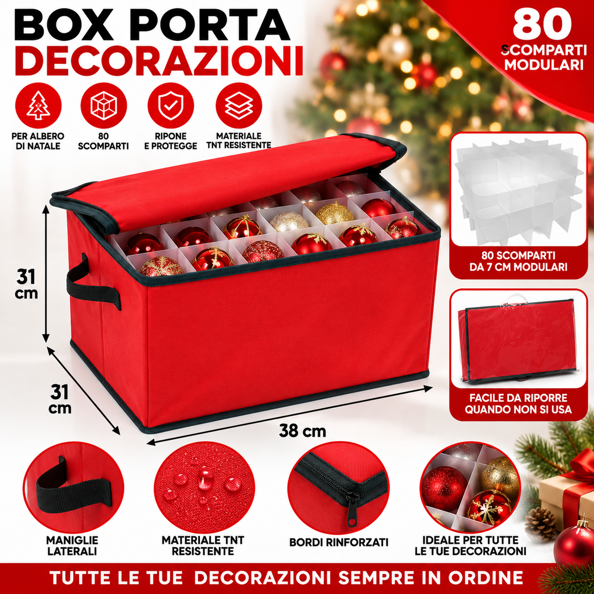 Box TNT porta palline e addobbi natalizi con separatori 38x31x31 cm Contenitore