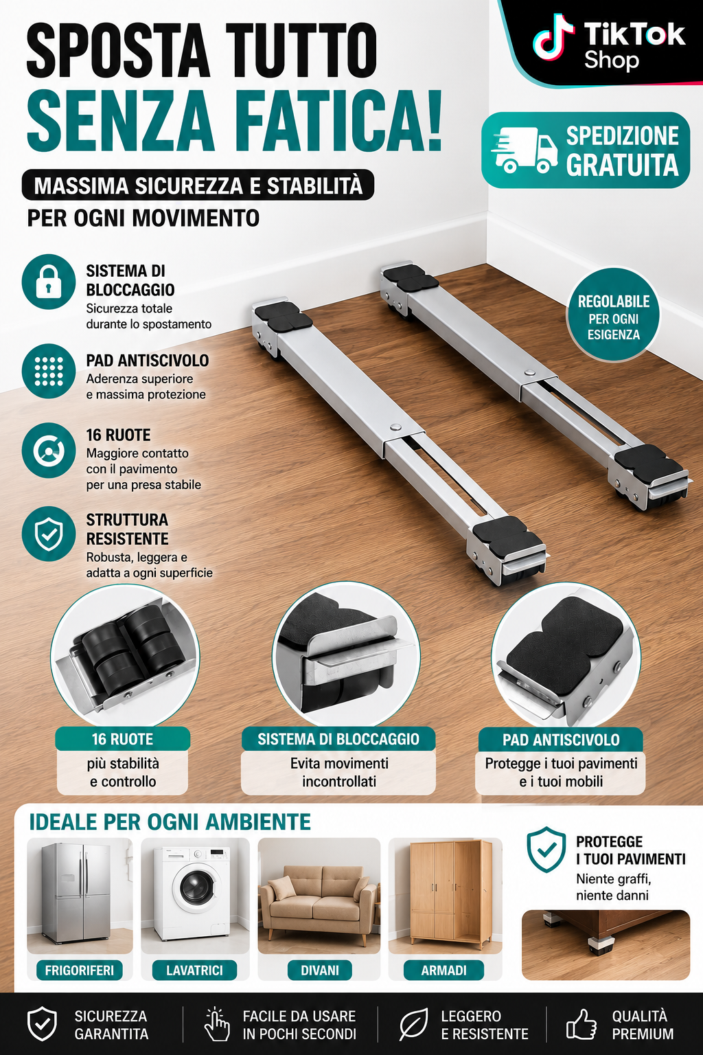 Ruote robuste per mobili e elettrodomestici, SucceBuy capacità totale di carico 660 lb, ruote espandibili per lavatrici, carrelli per frigoriferi