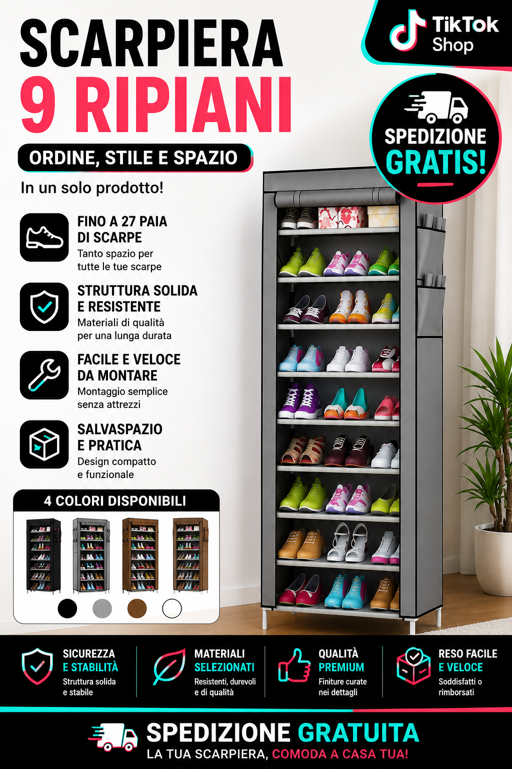 SCARPIERA COMPONIBILE 9 RIPIANI XXL – SALVASPAZIO CON COPERTURA ANTIPOLVERE | CAPACITÀ EXTRA E MONTAGGIO RAPIDO