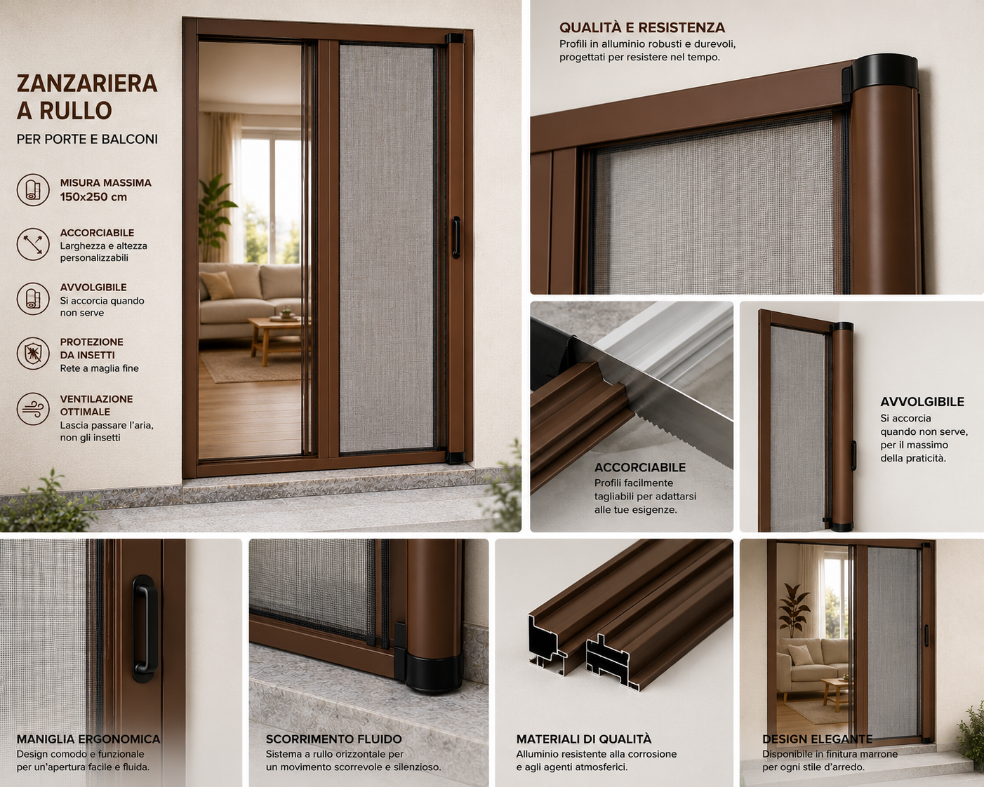 Zanzariera a Rullo per Porte e Balconi 150x250 cm  Telaio in Alluminio Riducibile e Regolabile. 7