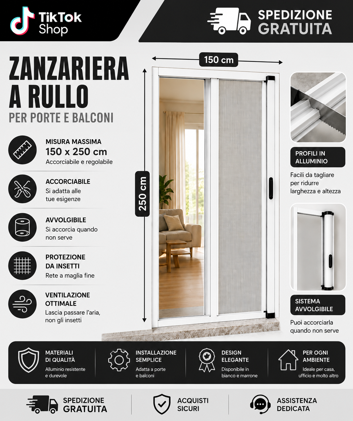 Zanzariera a Rullo per Porte e Balconi 150x250 cm  Telaio in Alluminio Riducibile e Regolabile. 1