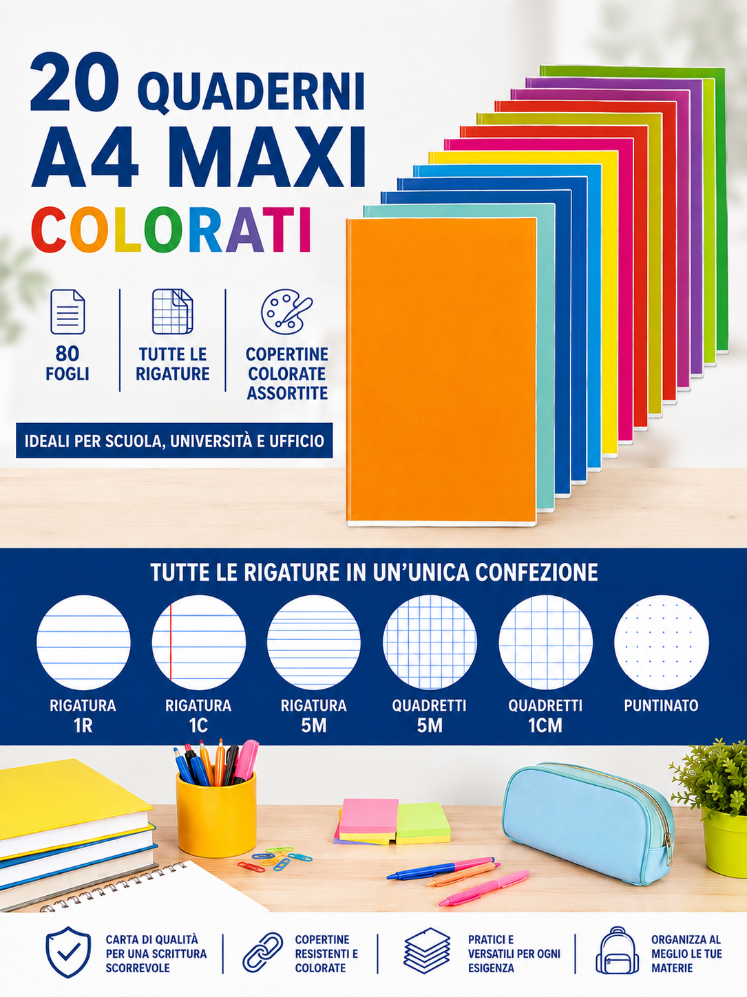 20 Quaderni A4 Maxi Colorati  – A Righe o Quadretti – Copertine Colorate Assortite