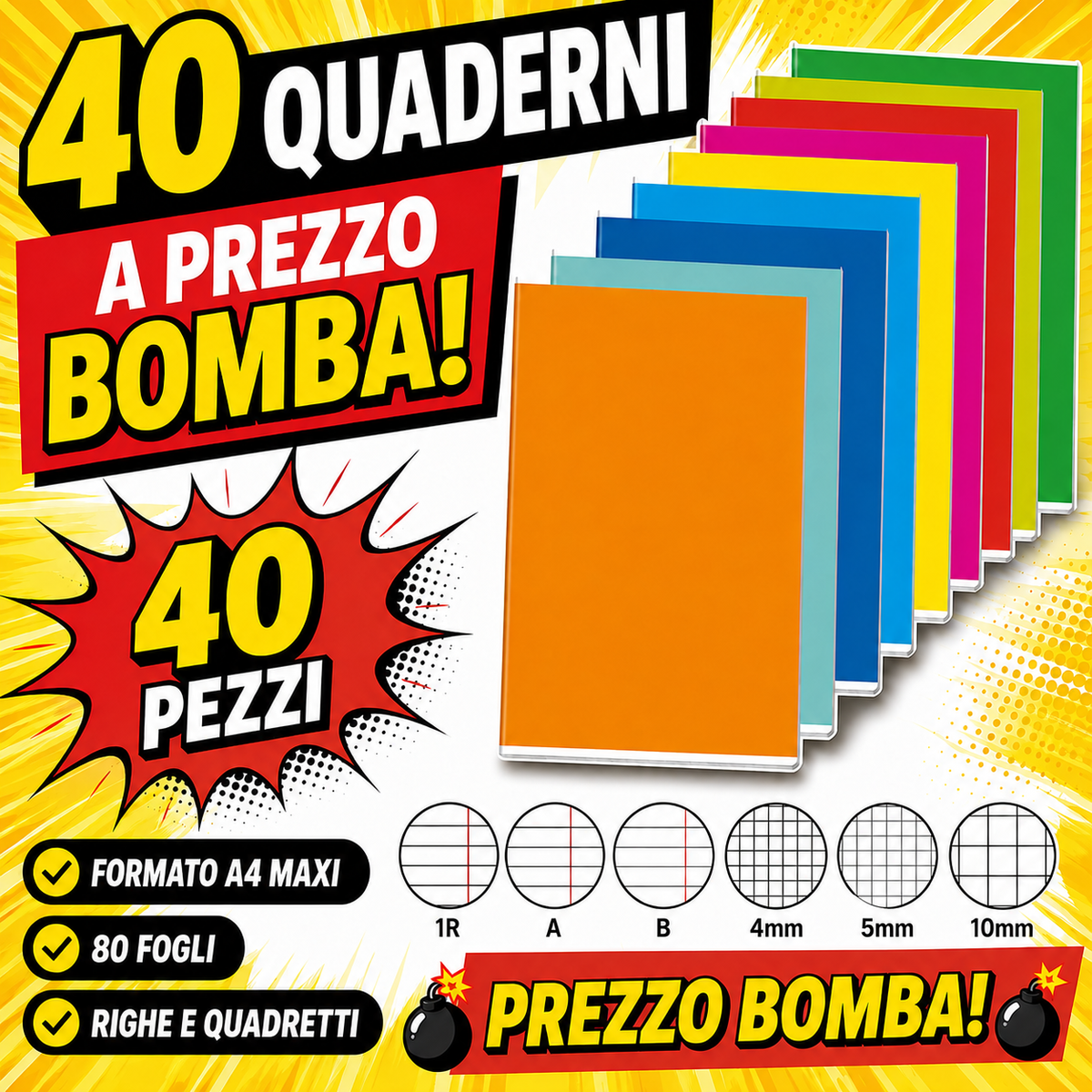 40 Quaderni A4 Maxi Color – Righe o Quadretti – Copertina Colorata Assortita