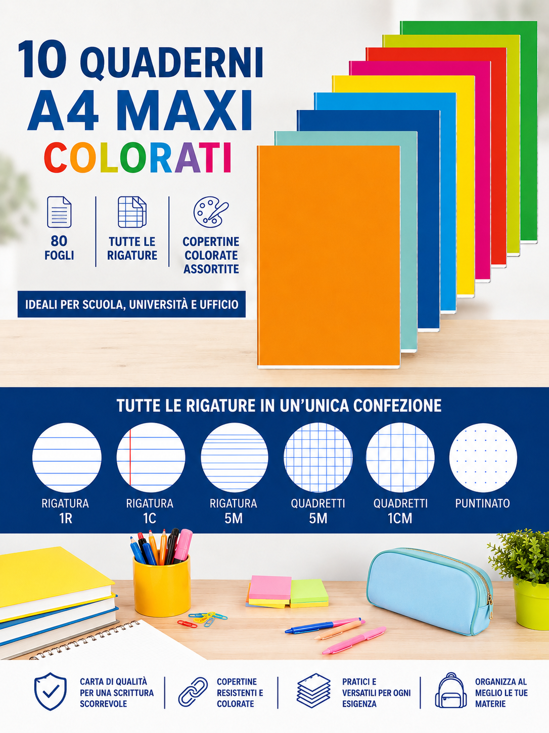 10 Quaderni A4 Maxi Colorati  – A Righe o Quadretti – Copertine Colorate Assortite