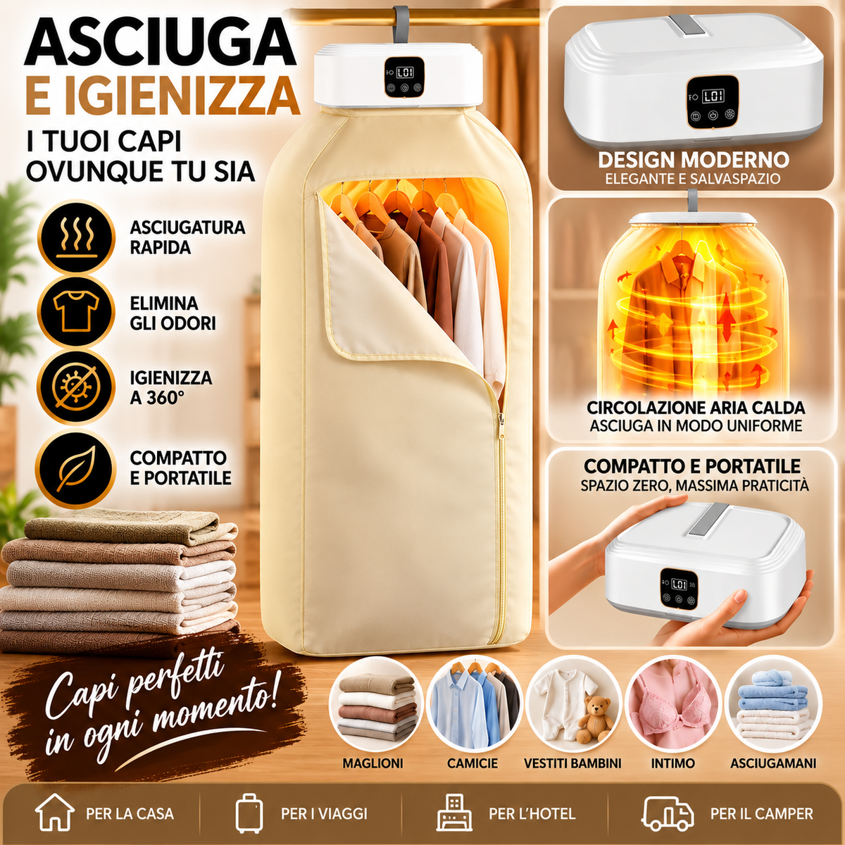 Asciugatrice elettrica per biancheria asciugone portatile aria calda