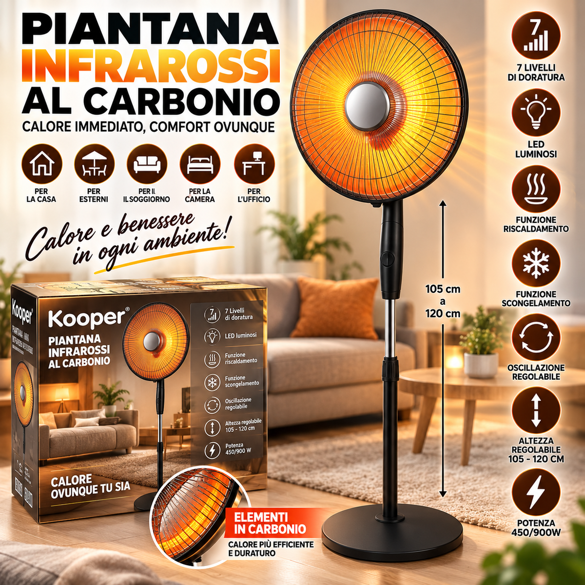 Stufa a Piantana Infrarossi al Carbonio 900W | Altezza Regolabile 105-120 cm, Oscillazione e Inclinazione Regolabile | 2 Livelli di Potenza 450/900W, Timer..