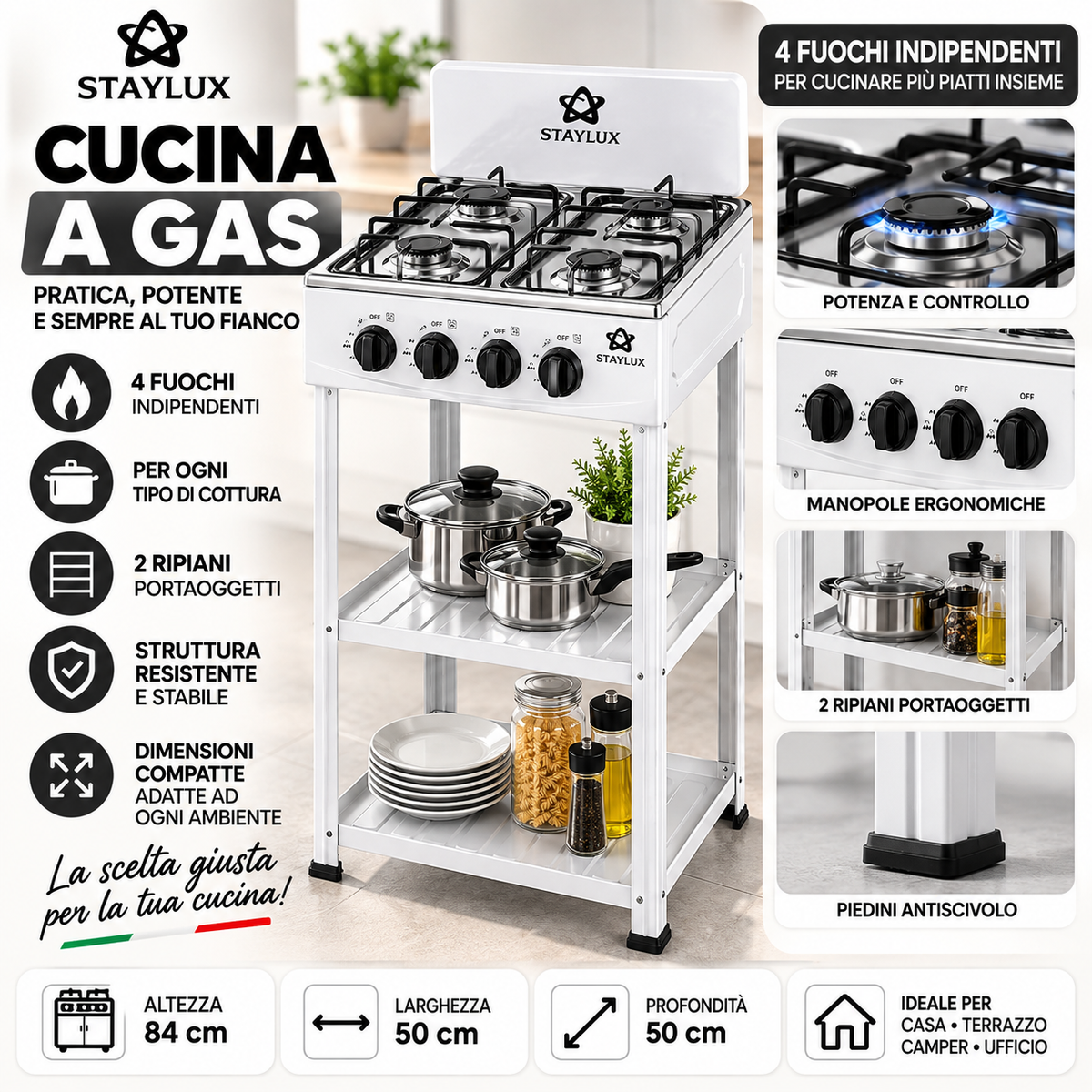 Cucina Portatile Fornello Campeggio Staylux Gas 4 fuochi 60cm Bianco CUCINOTTO-W