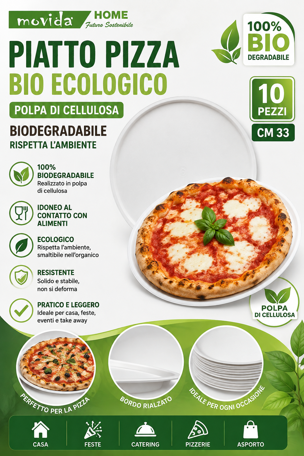 10 PIATTI PIZZA BIO ECOLOGICI CM 33 – POLPA DI CELLULOSA BIODEGRADABILE