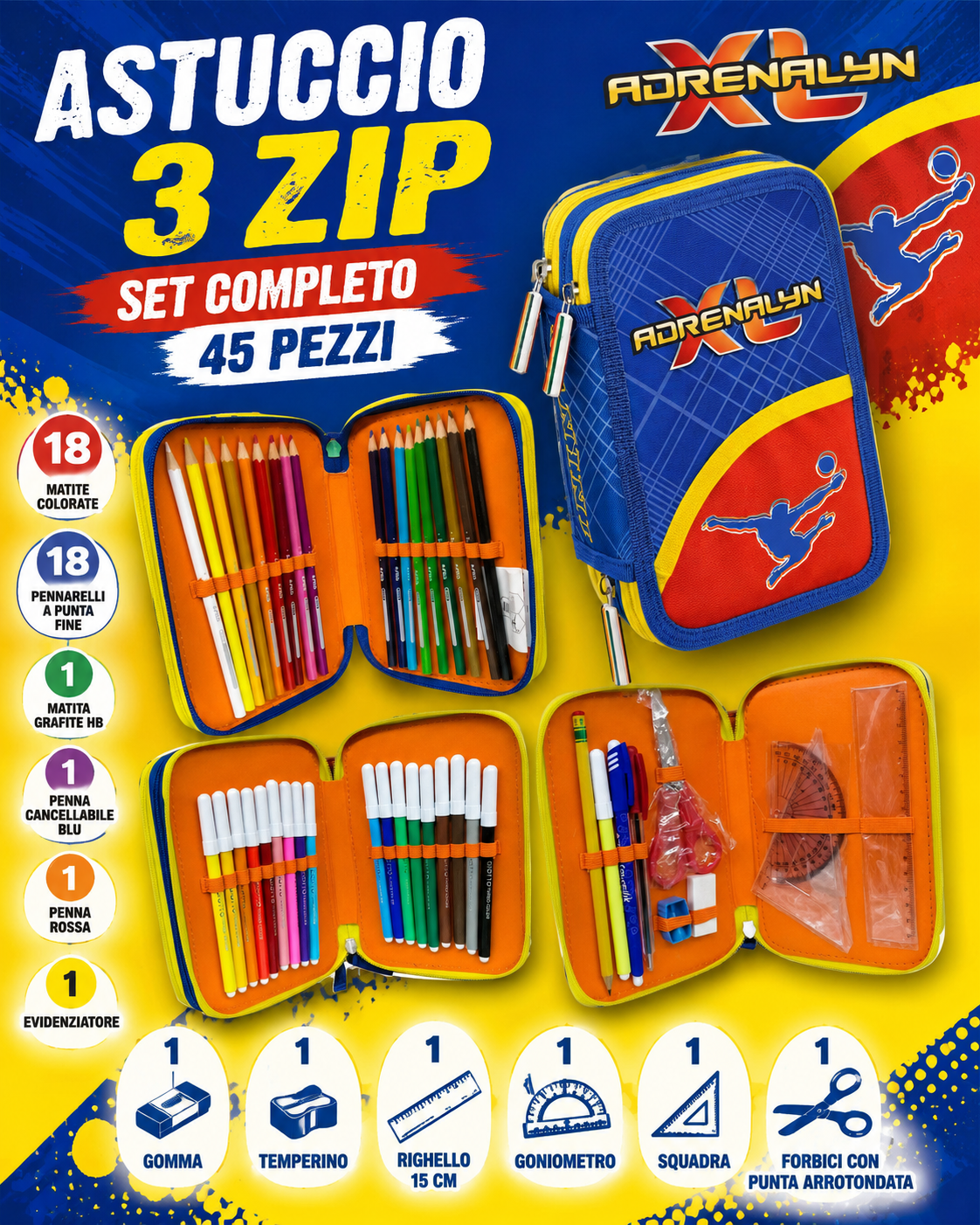 Astuccio scuola 3 zip completo – Set da 45 pezzi 1