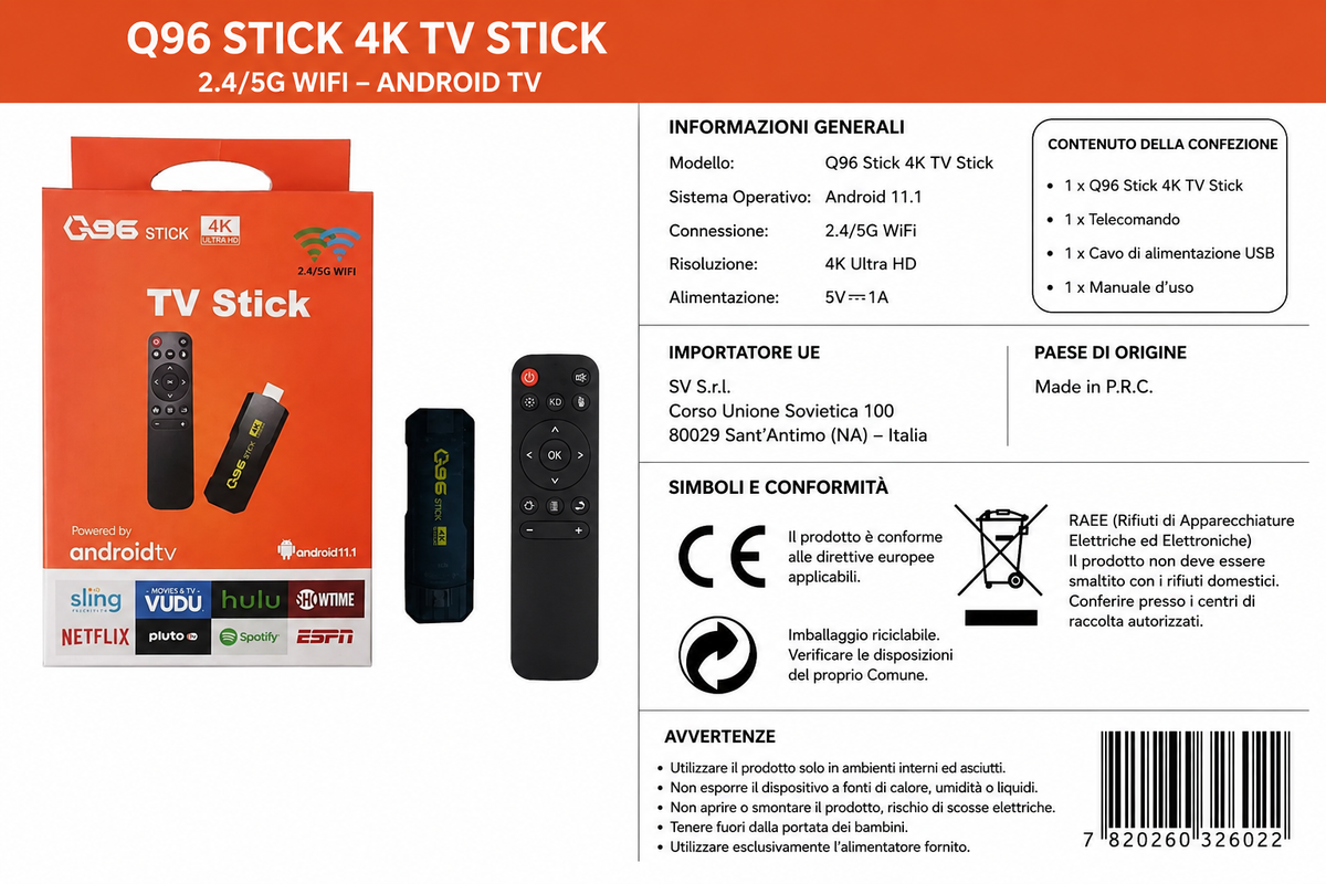 Smart TV Chiavetta Stick Android WiFi 5G HDMI Streaming Netflix YouTube 4K 6