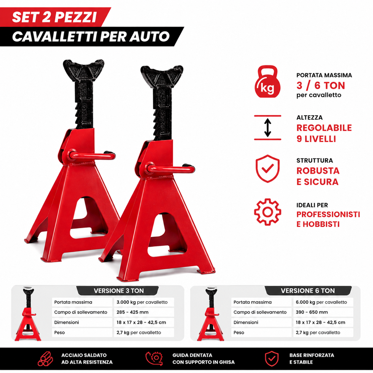 Cavalletti per Auto Sollevamento Regolabili – Set 2 Pezzi – Supporti per Auto da 3T e 6T – Altezza Regolabile 3