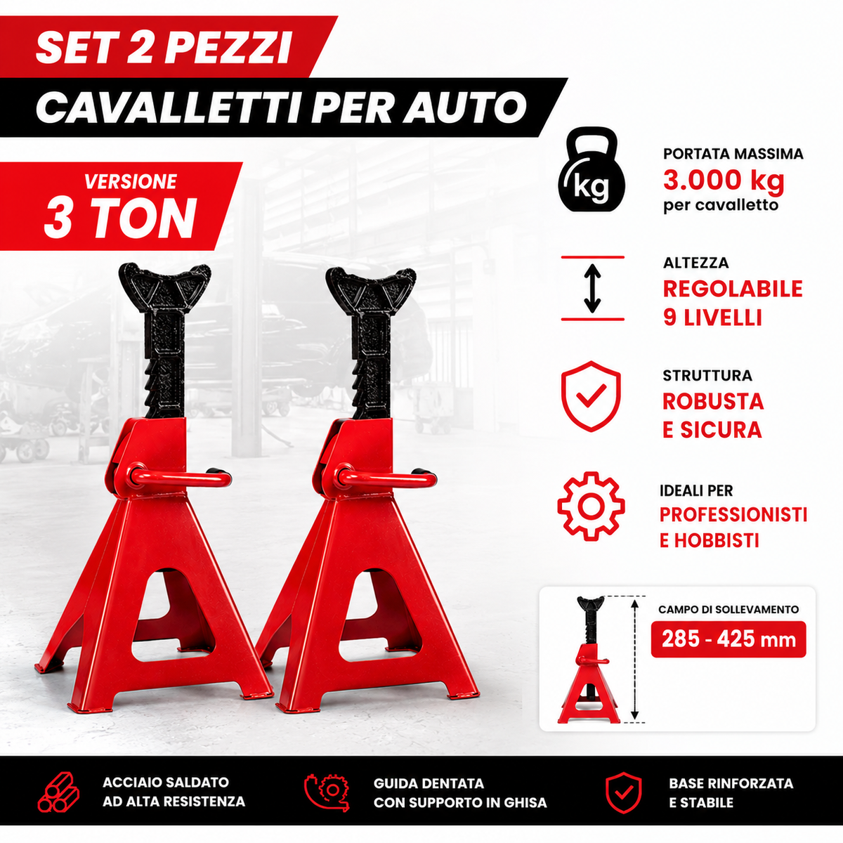 Cavalletti per Auto Sollevamento Regolabili – Set 2 Pezzi – Supporti per Auto da 3T e 6T – Altezza Regolabile