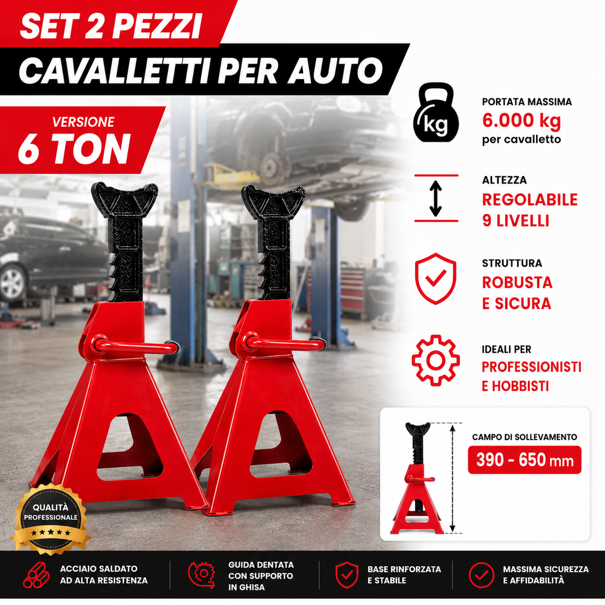 Cavalletti per Auto Sollevamento Regolabili – Set 2 Pezzi – Supporti per Auto da 3T e 6T – Altezza Regolabile