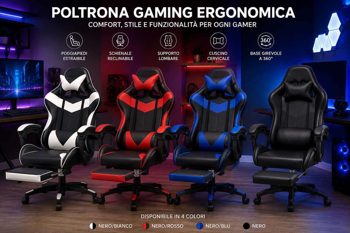 Gaming Ergonomica con Poggiapiedi Estraibile, Sedia da Gaming Reclinabile, Cuscino Cervicale e Supporto Lombare, Braccioli Imbottiti, Sedia da Ufficio per PC e Studio