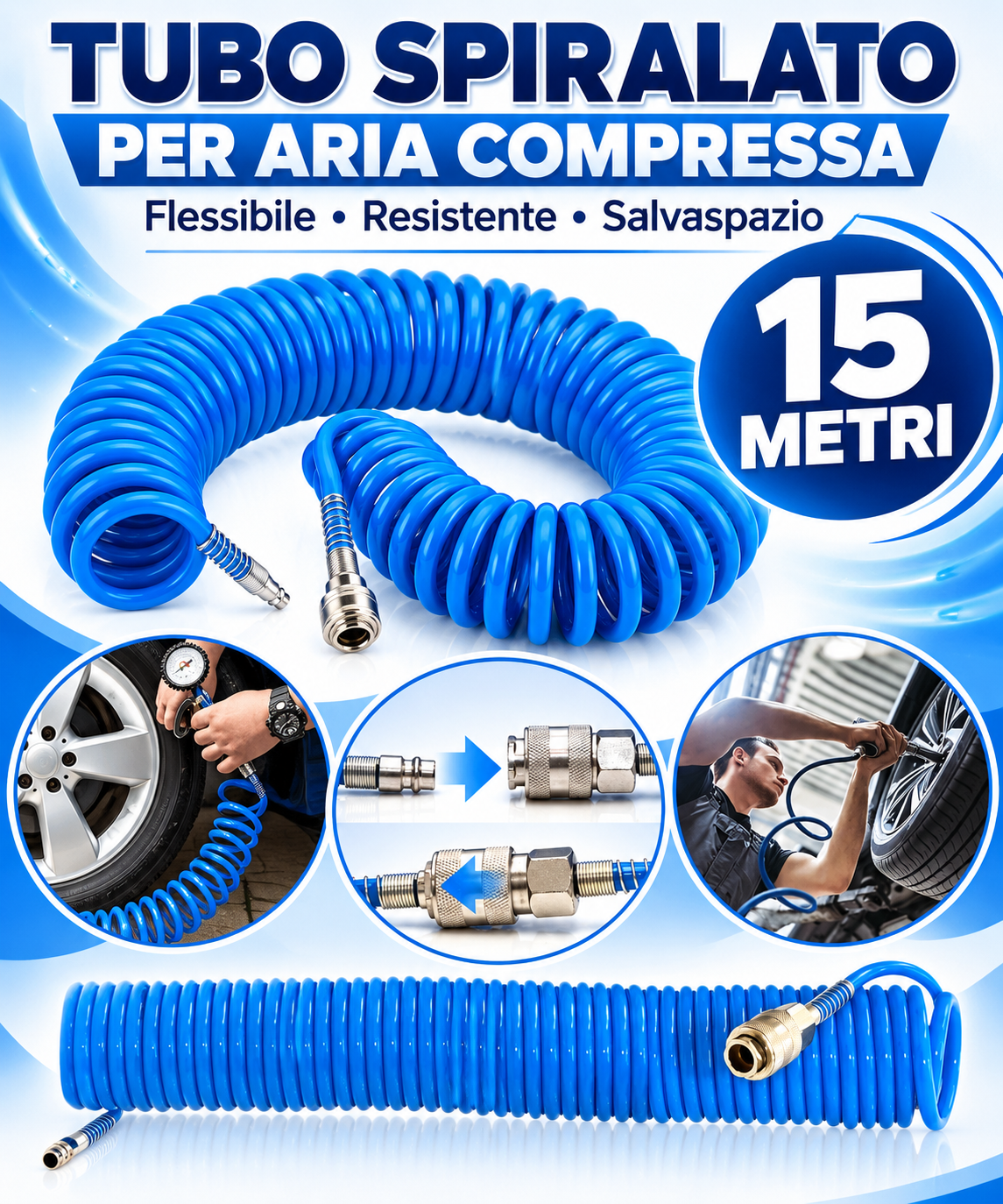 Tubo Aria Compressa 15 Metri Flessibile per Compressore Attacco Rapido 1