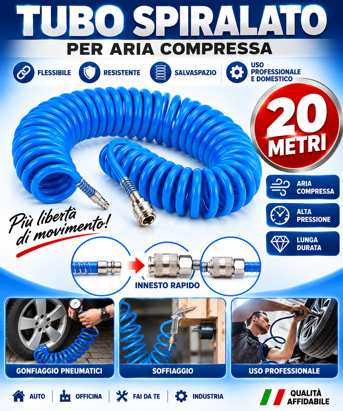 Tubo Aria Compressa 20 Metri Flessibile per Compressore Attacco Rapido 1