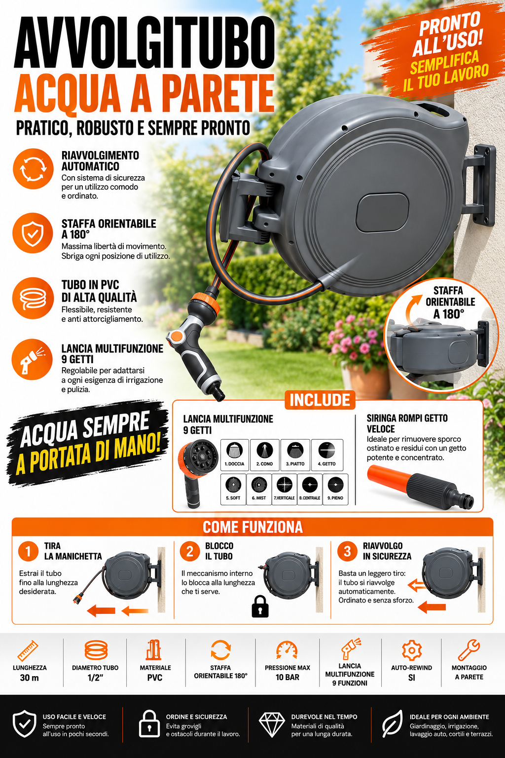 Avvolgitubo da Parete 15/25/30 Metri con Riavvolgimento Automatico, Tubo Acqua in PVC 1/2", Staffa Orientabile 180°, Lancia Multifunzione 9 Getti, Irrigazione Giardino e Lavaggio Auto 1