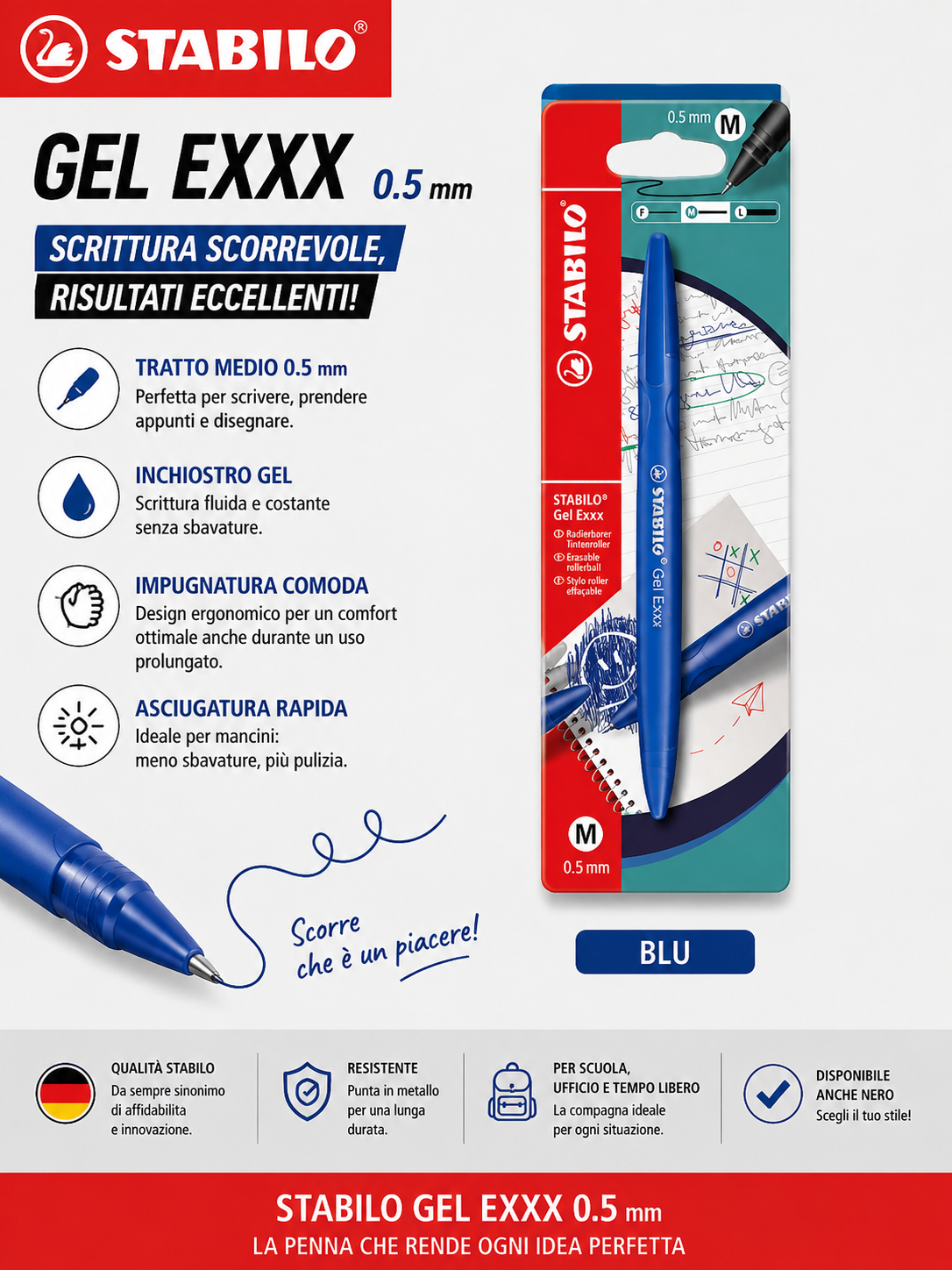 Penna gel Stabilo Gel Exxx: blu, nero 5