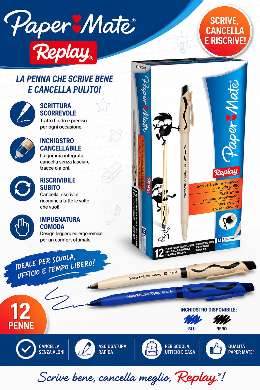 Paper Mate Penna a Sfera Replay Cancellabile 12 pz Nero 1