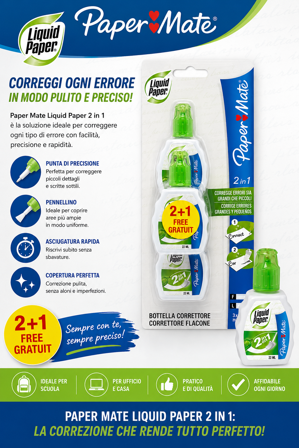 Descrizione prodotto – Paper Mate Liquid Paper 2 in 1 (Confezione 2+1)