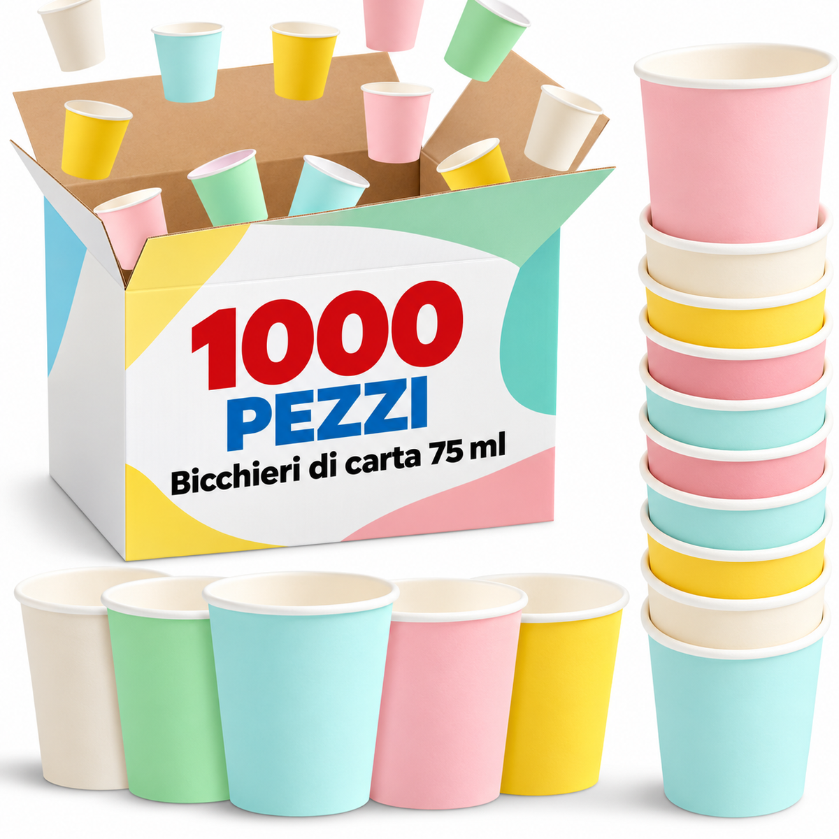 1000 Bicchierini da Caffè Monouso Decoro Rainbow Bicchieri 75ml Usa e Getta