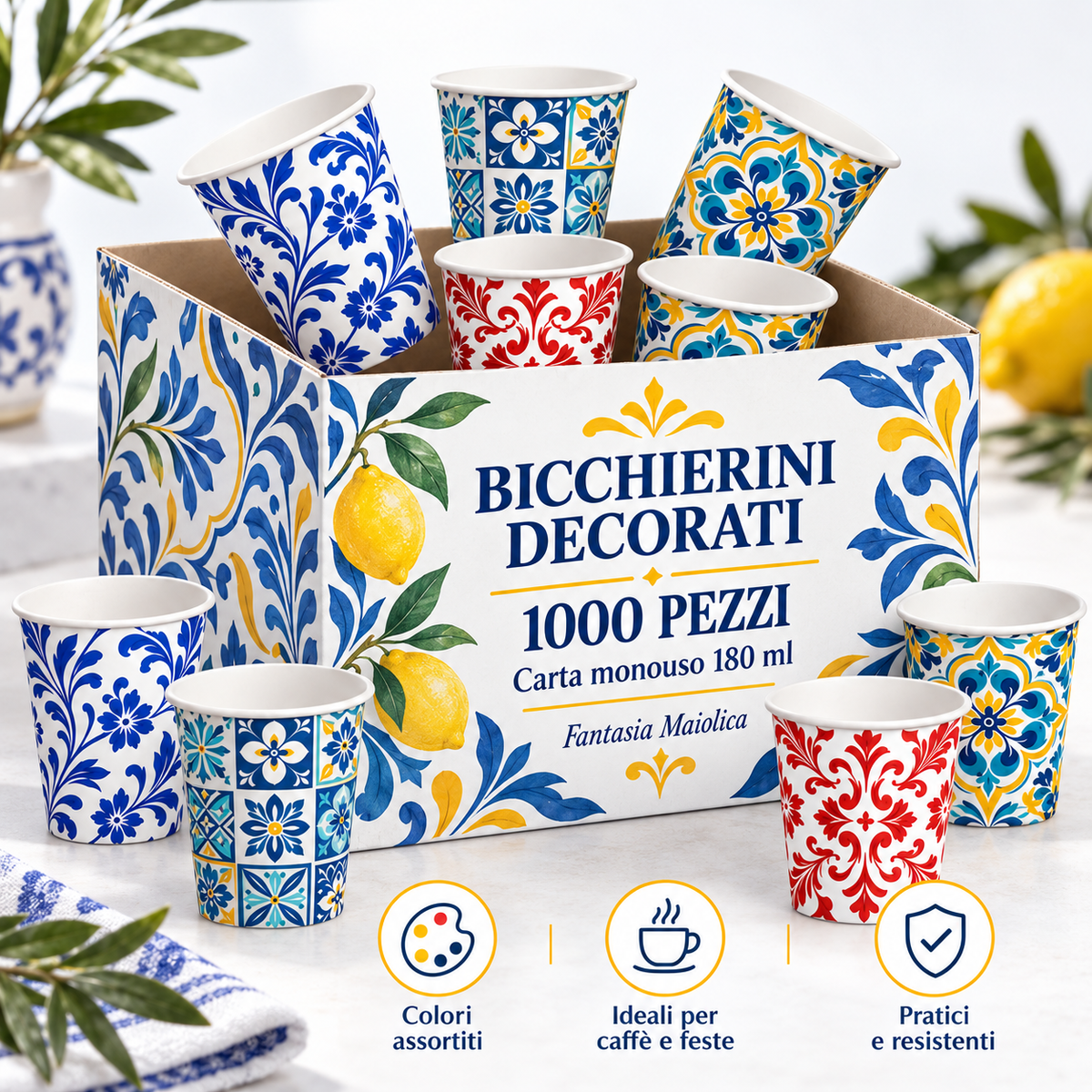 1000 Bicchieri Carta 180ml Fantasia Maiolica Stampata | Monouso Resistenti