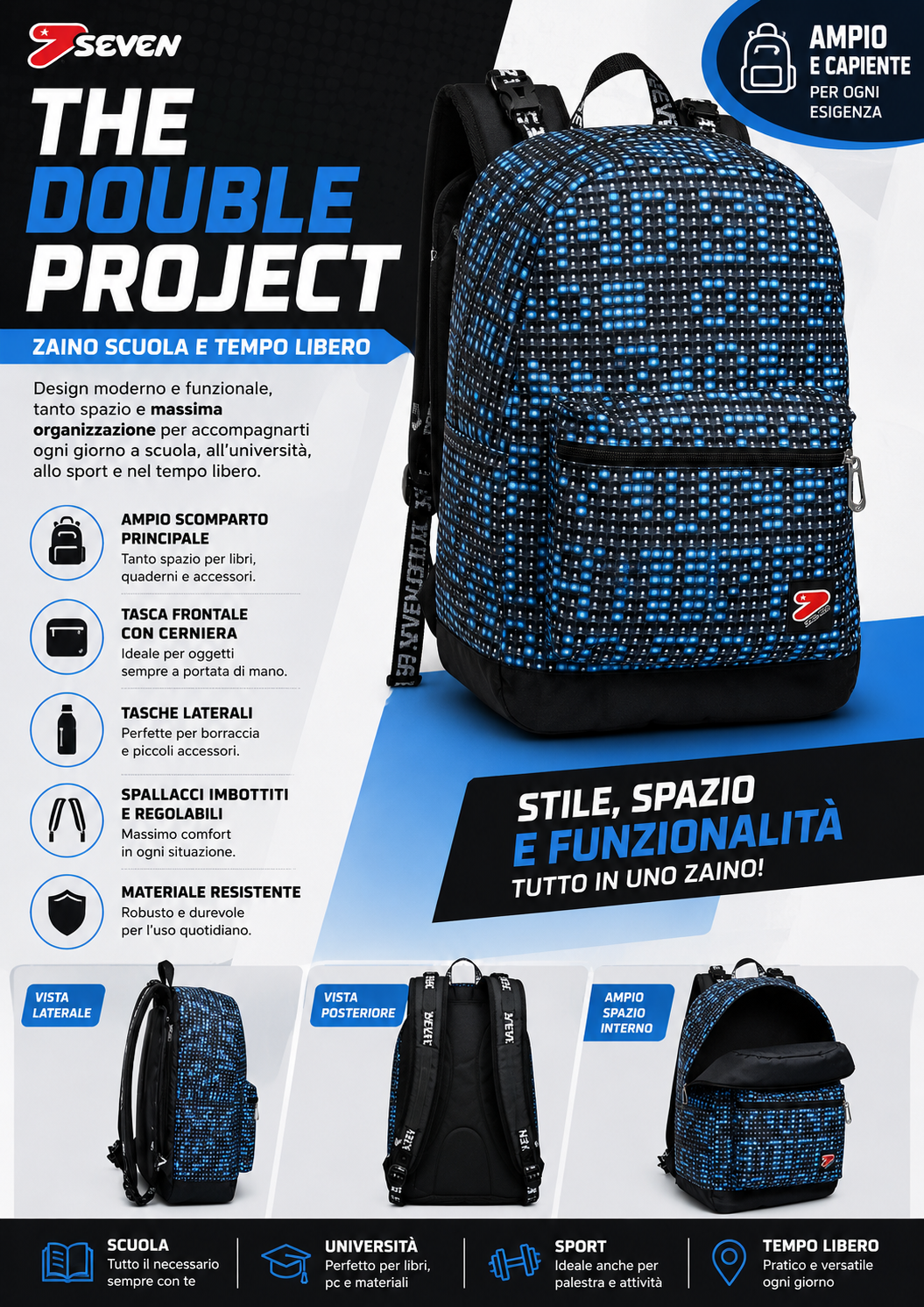 Seven Zaino Reversibile The Double - LEDWALL, Scuola, Monoscomparto, Applicazioni Led, Bambini e ragazzi, Scuola e tempo libero 1