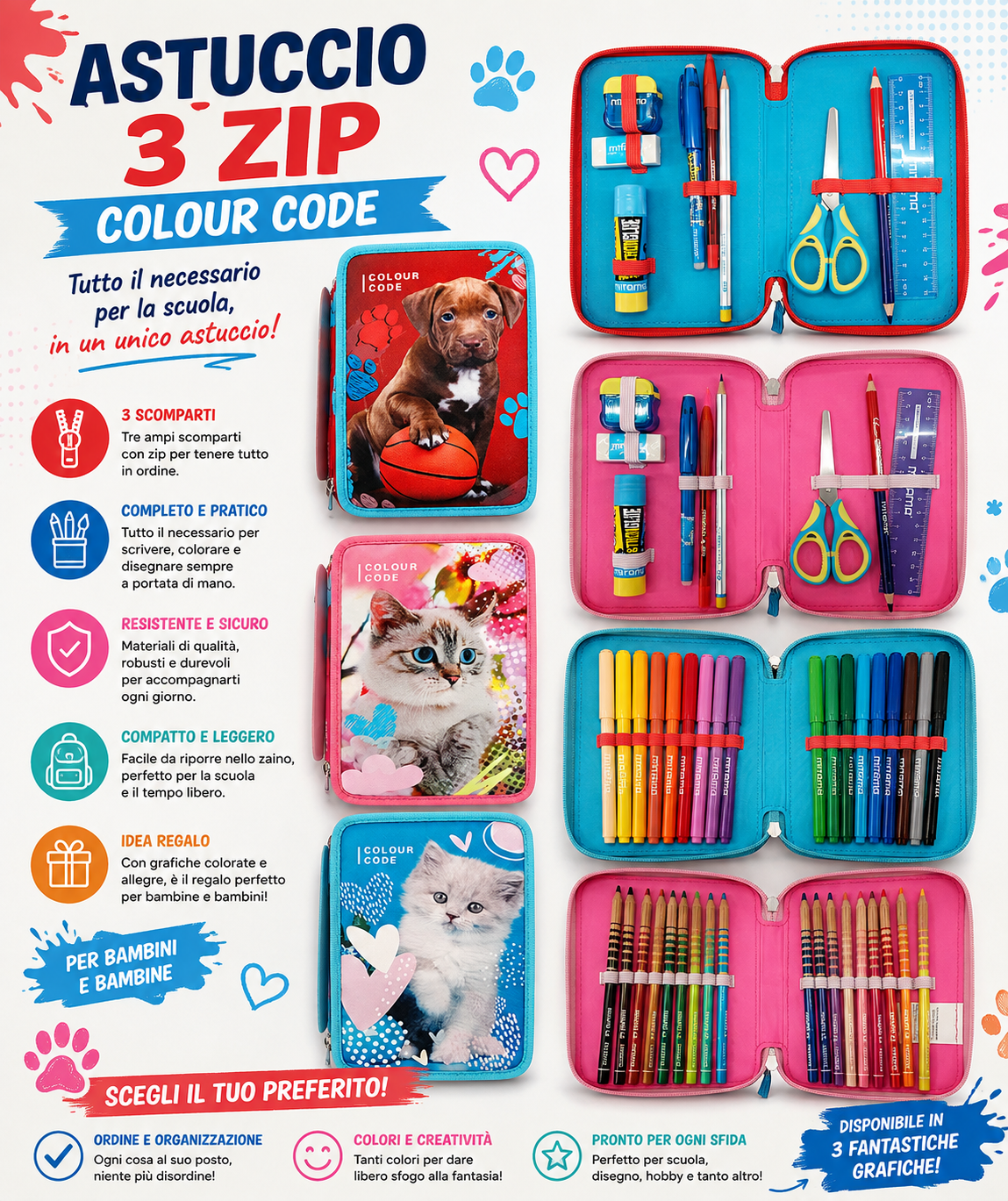 Seven Astuccio Colour Code, Portapenne 3 Zip con Set Completo di Cancelleria, Motivi Animali 1