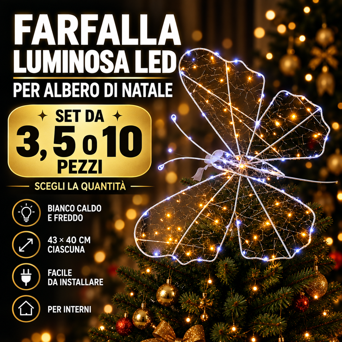 Decorazioni Farfalla Luminose LED per Albero di Natale 43×40 cm, Bianco Caldo e Freddo – Set da 3, 5 o 10 Pezzi 1