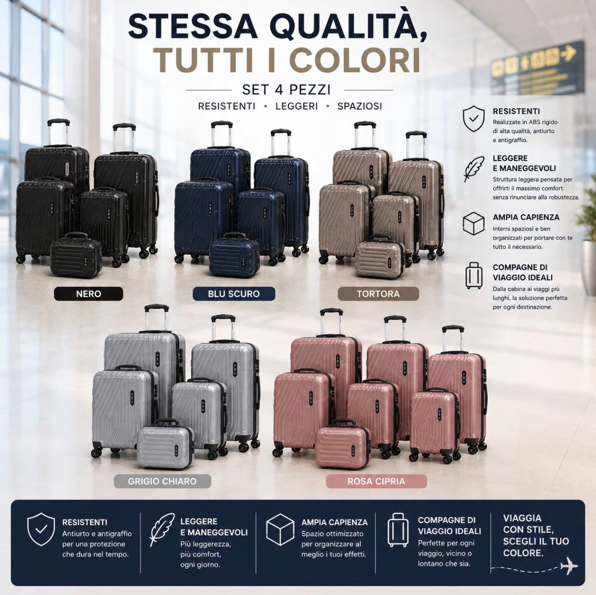 Set 4 Valigie da Viaggio Rigide + Beauty Case Trolley 4 Ruote 360 con Chiusura 9