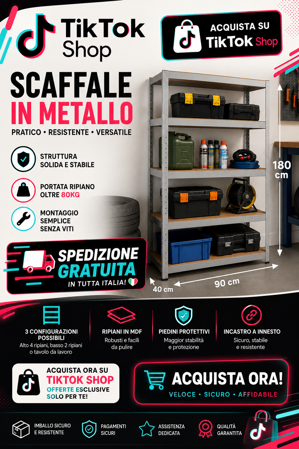SCAFFALE IN METALLO 180x90x40 CM OLTRE 80KG PER RIPIANO 🚚 1