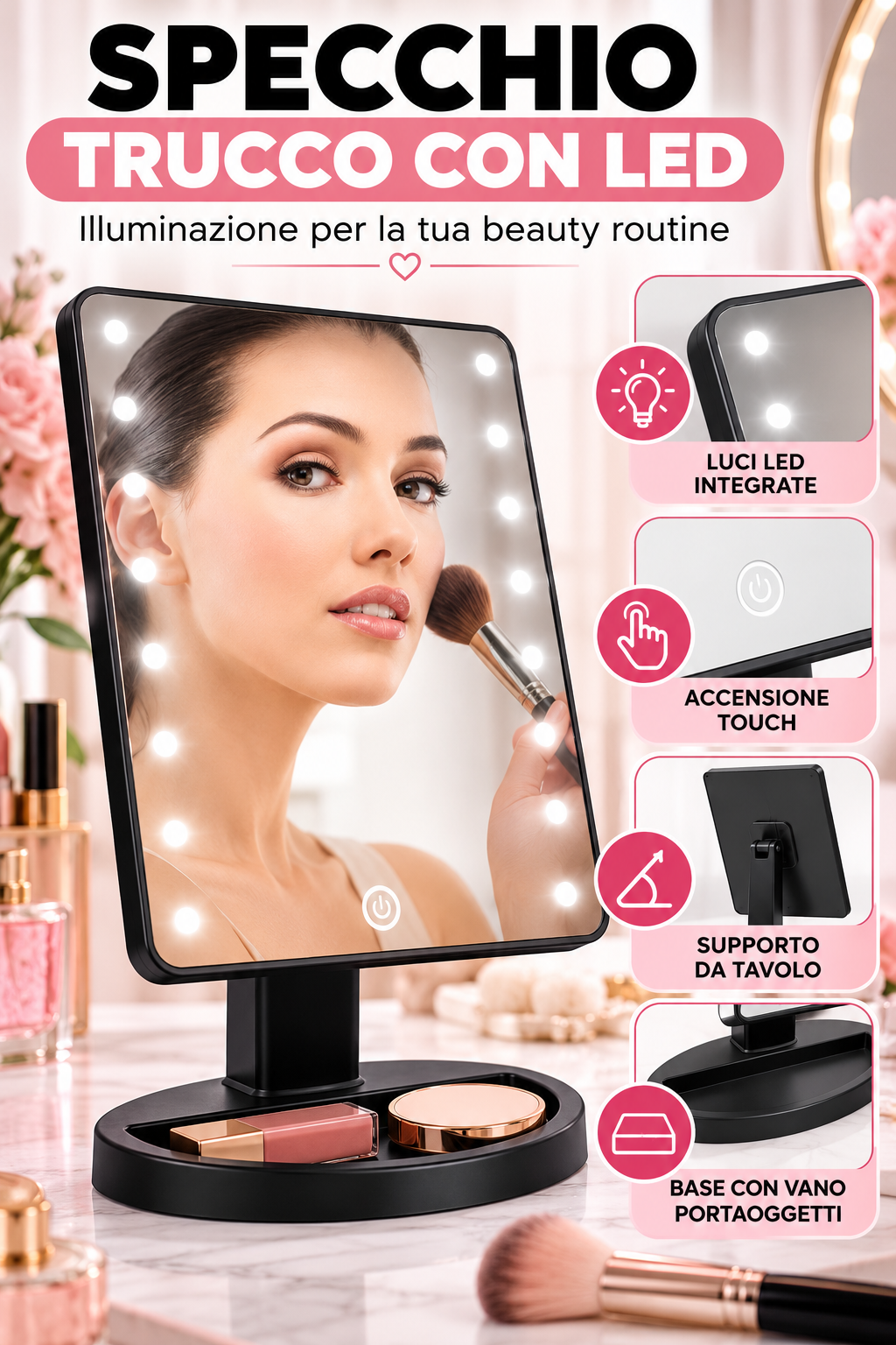 Specchio da Trucco con Luci LED, Touch Screen, Supporto da Tavolo e Base Portaoggetti 1