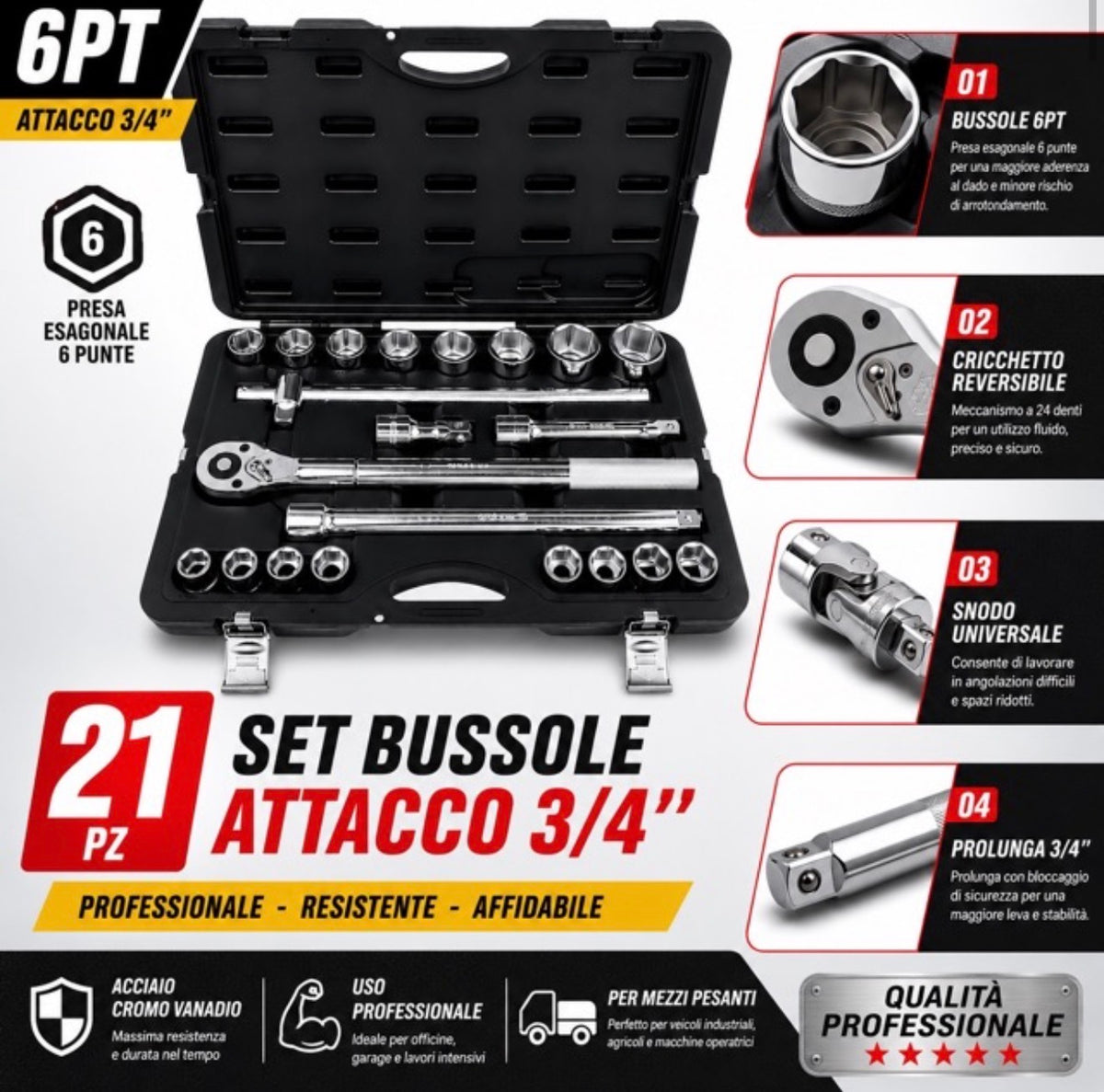 Set Bussole 21 Pezzi 3/4 6 Punte Professionale, Chiavi a Bussola in Acciaio
AMC CODICE: CHIAVI-6PT 3